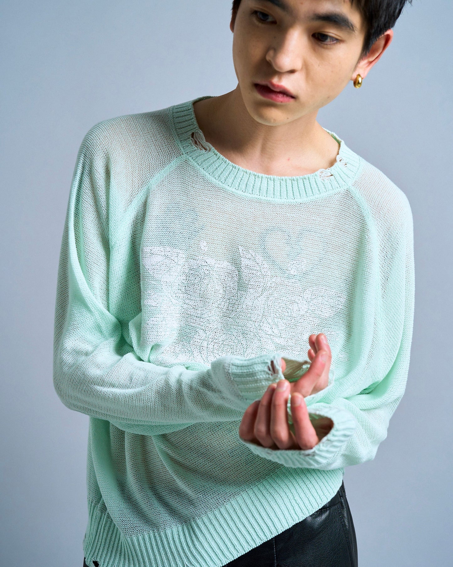 flower paint broken long sleeve sheer sweater