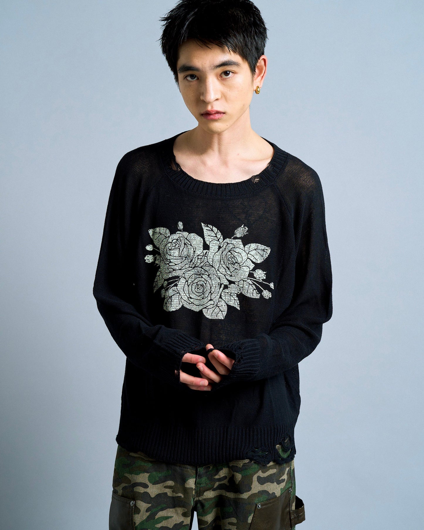flower paint broken long sleeve sheer sweater