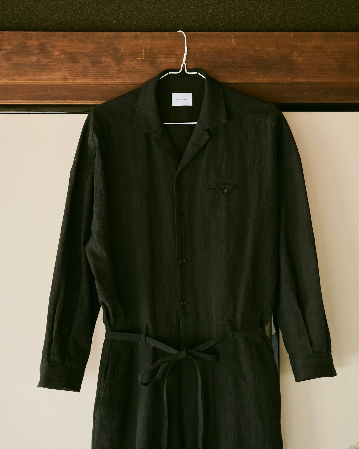 open collar cotton linen belted l/s jump suit