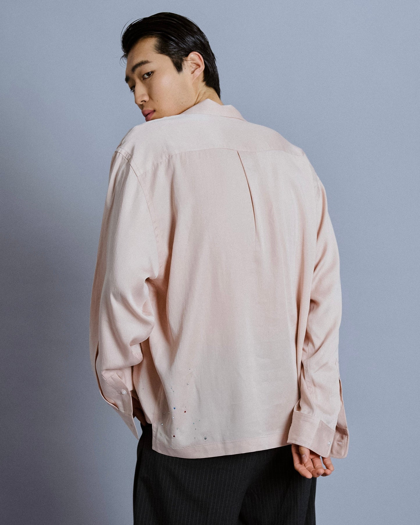 rhinestone rayon open collar l/s shirt