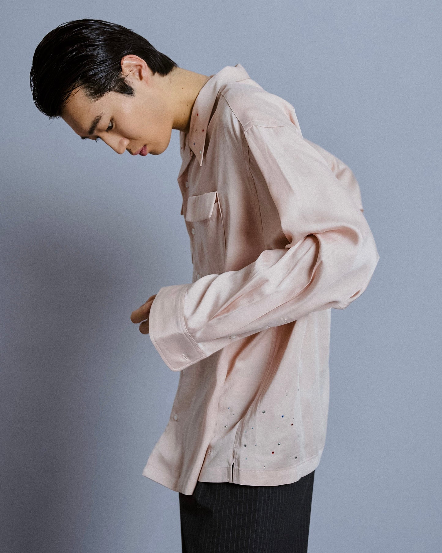 rhinestone rayon open collar l/s shirt