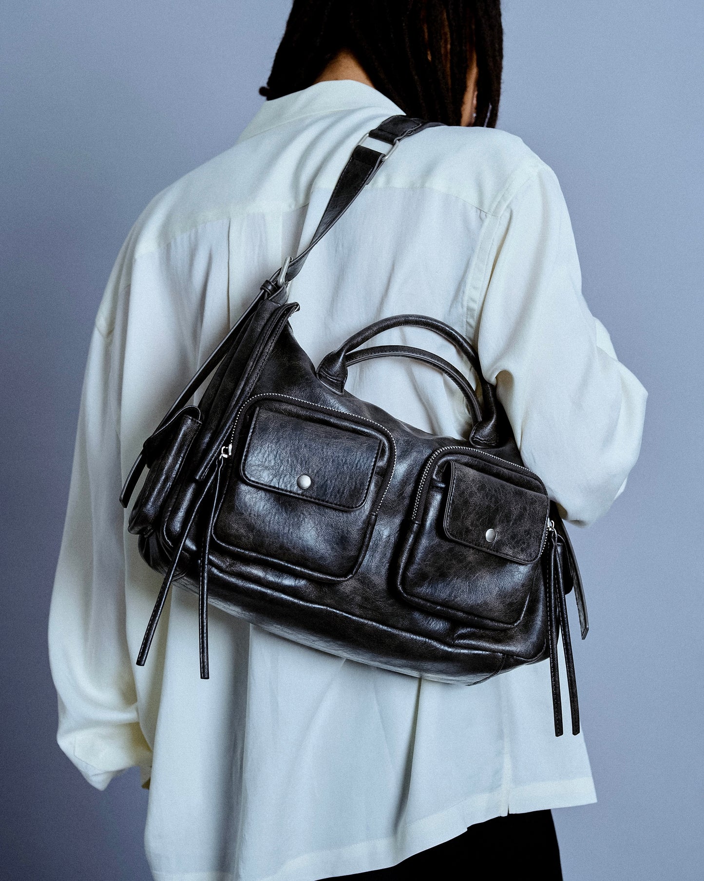 faux leather multi pocket shoulder bag