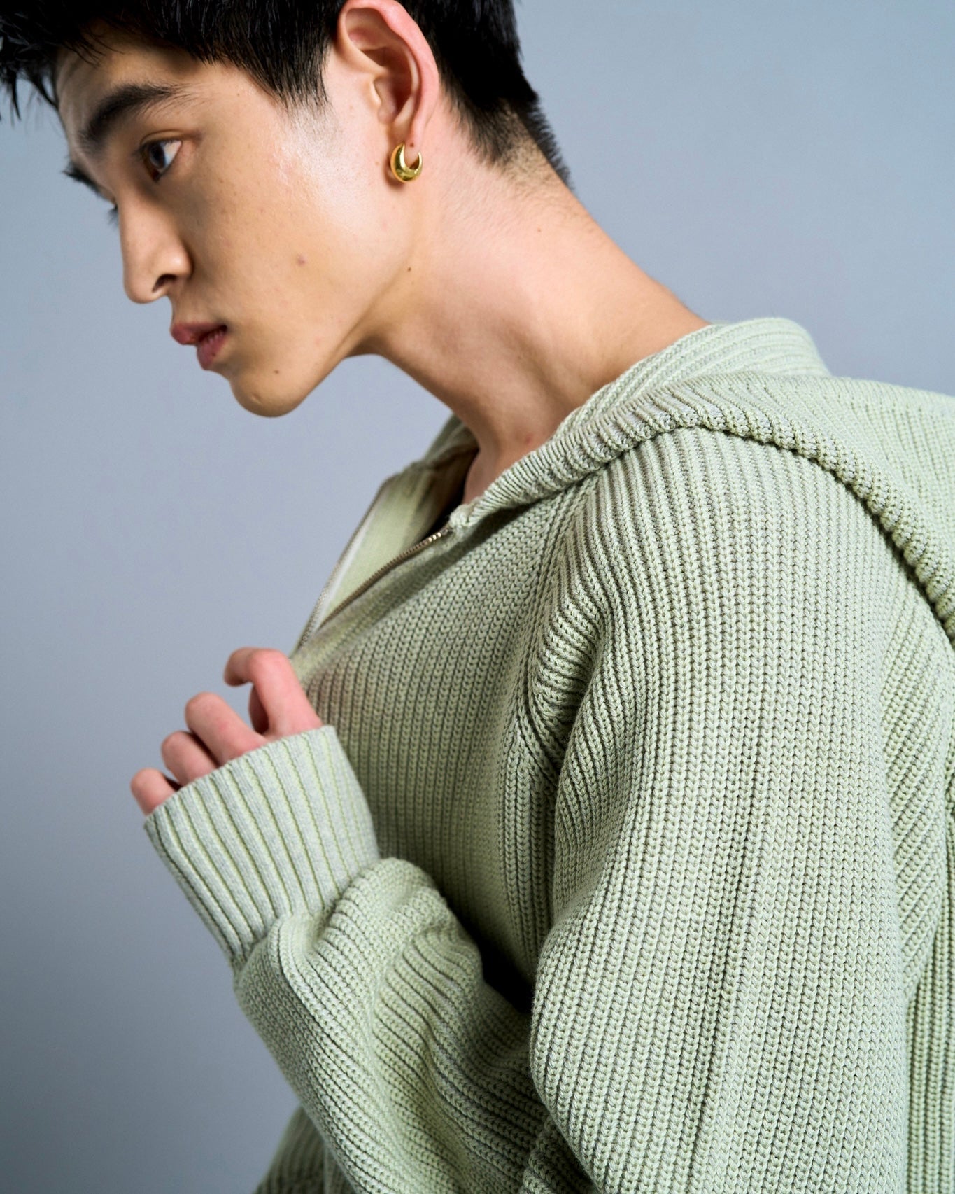 double zip mix yarn knit hoodie
