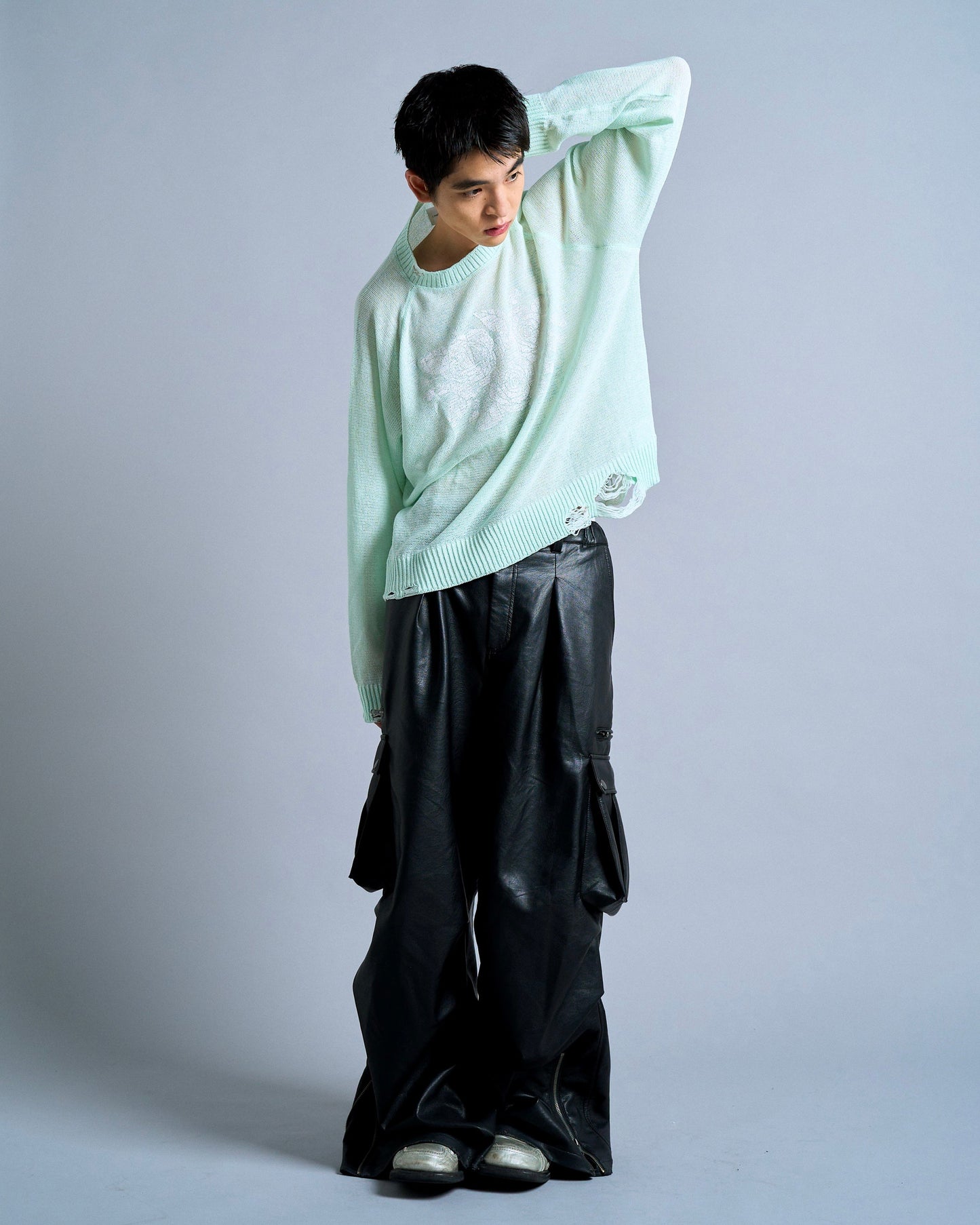 flower paint broken long sleeve sheer sweater