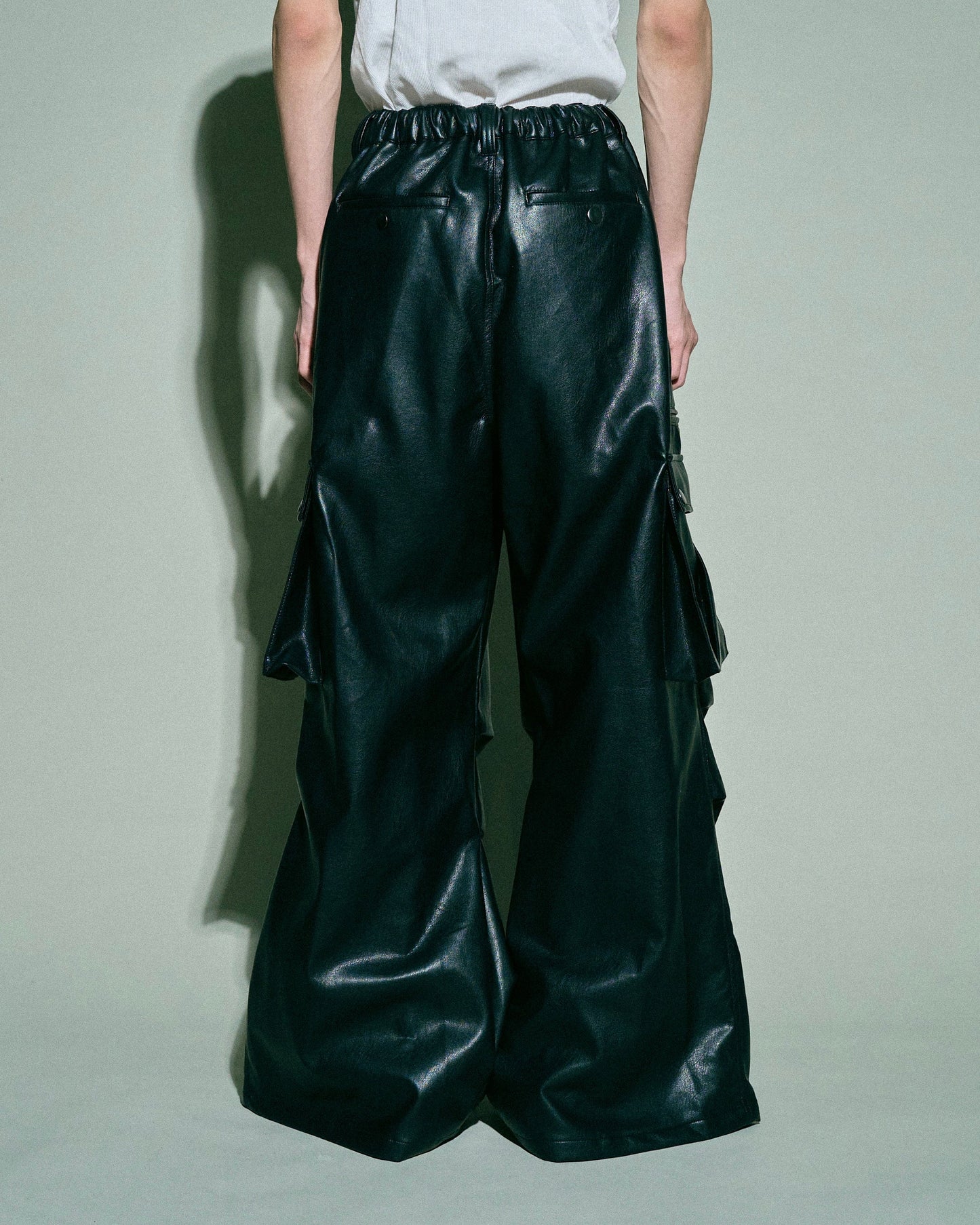 wide baggy faux leather parachute cargo trouser