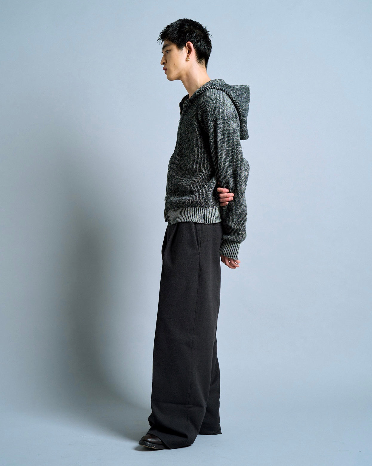 double zip mix yarn knit hoodie