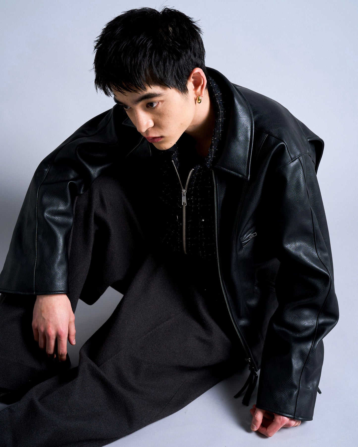 short length zipped PU-leather sport jacket