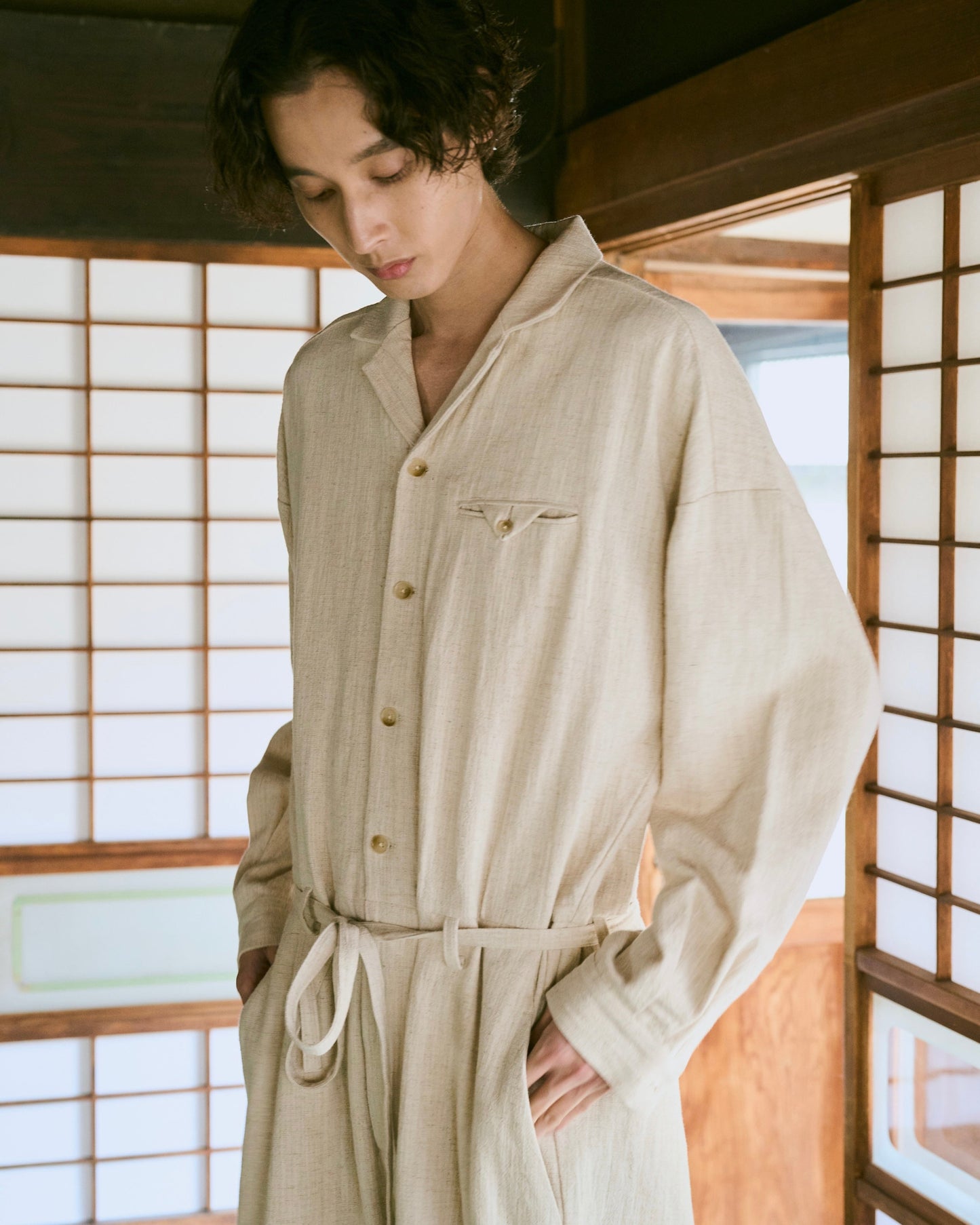 open collar cotton linen belted l/s jump suit