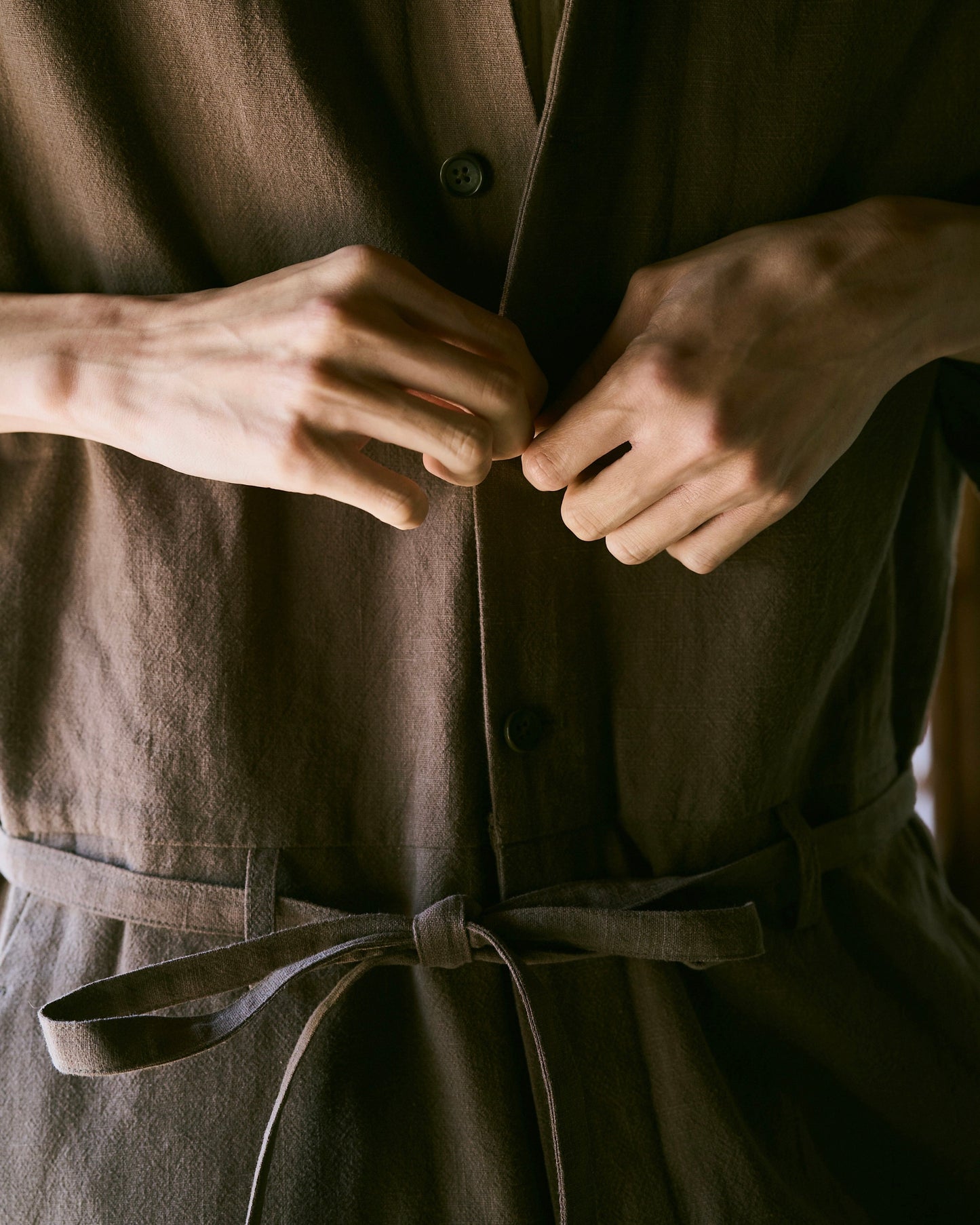 open collar cotton linen belted l/s jump suit