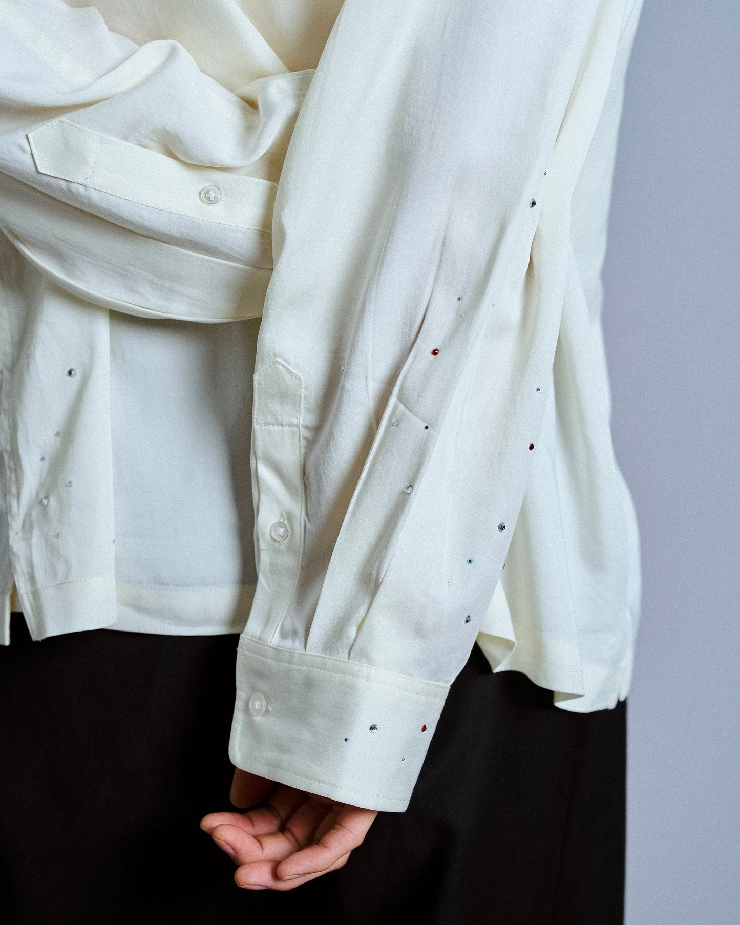 rhinestone rayon open collar l/s shirt