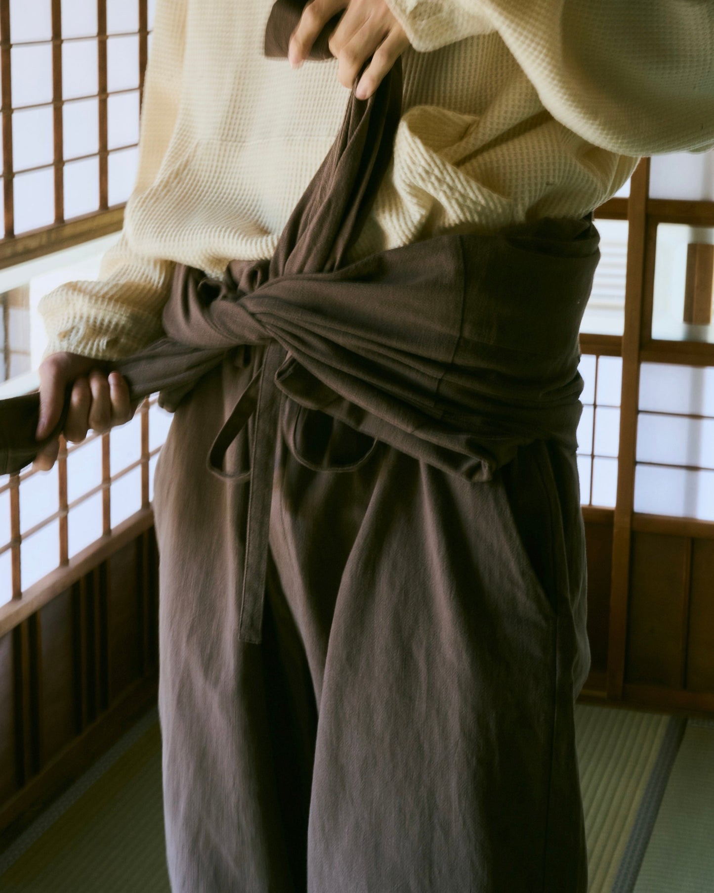 open collar cotton linen belted l/s jump suit