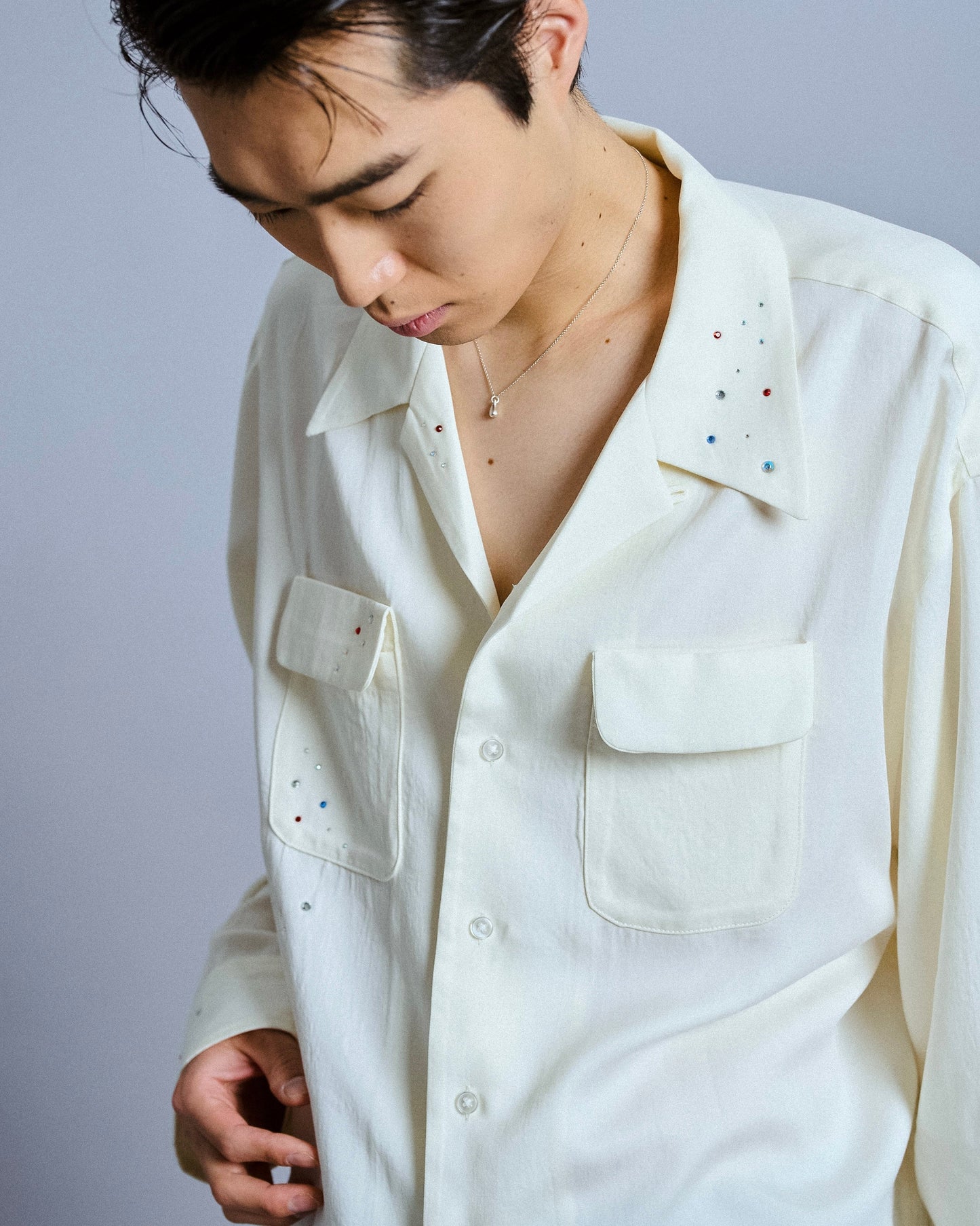 rhinestone rayon open collar l/s shirt