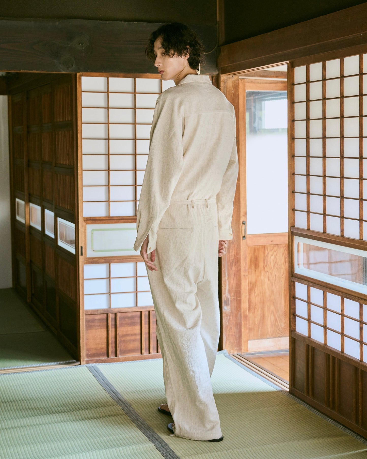 open collar cotton linen belted l/s jump suit