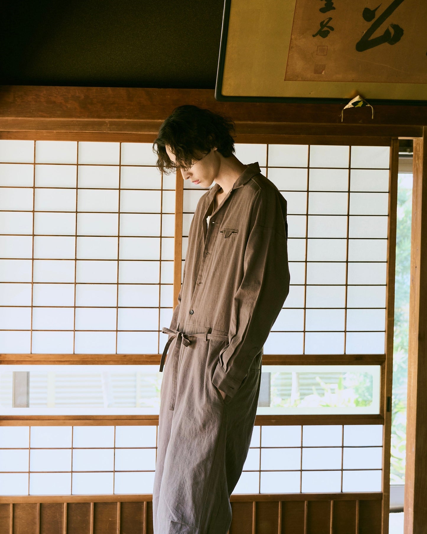 open collar cotton linen belted l/s jump suit