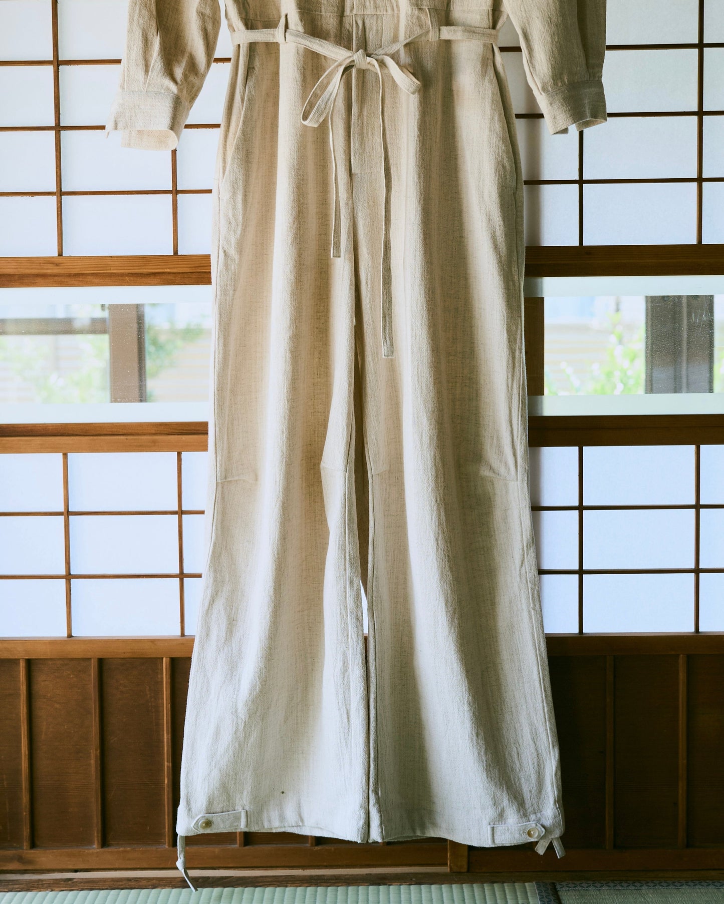 open collar cotton linen belted l/s jump suit