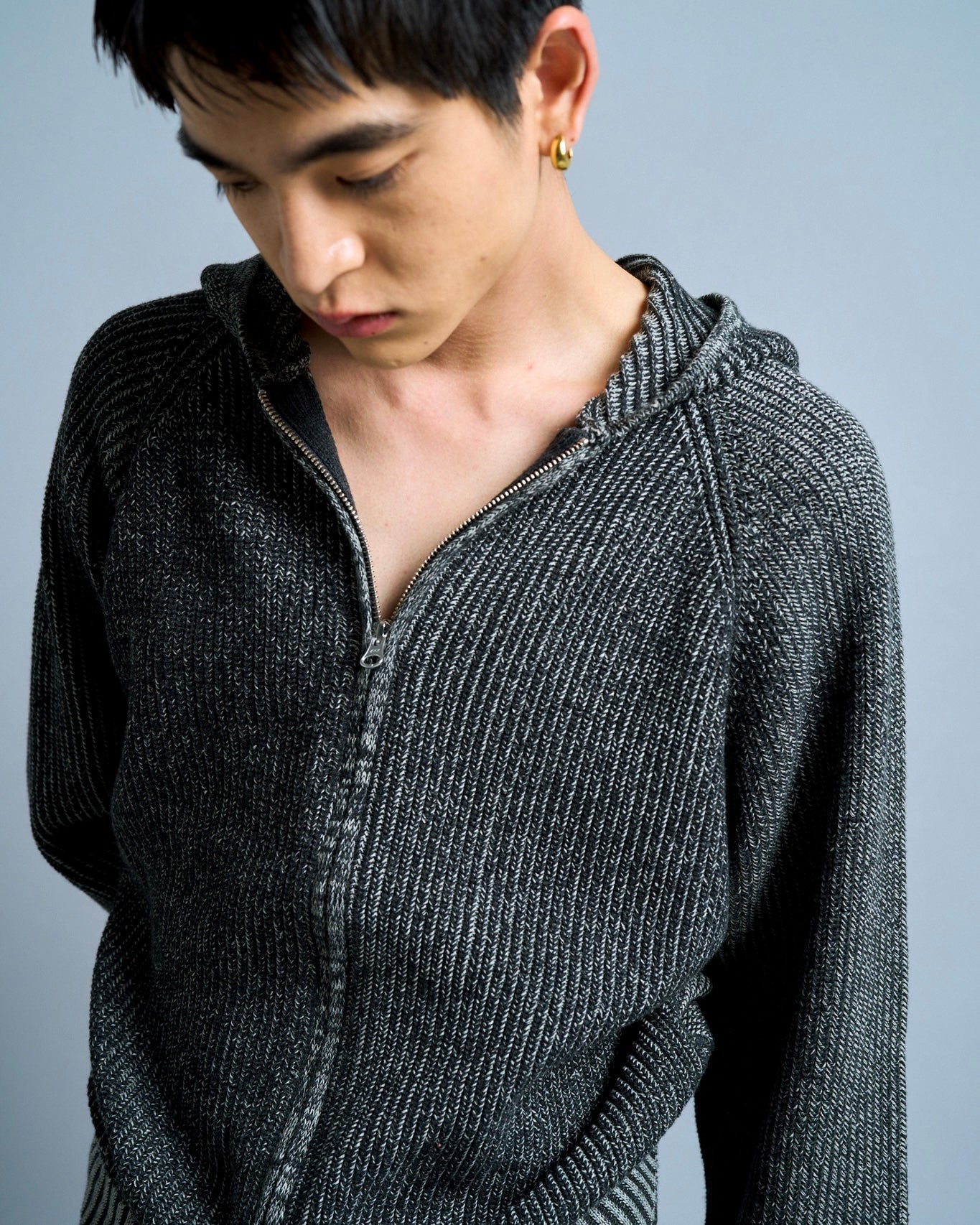 double zip mix yarn knit hoodie