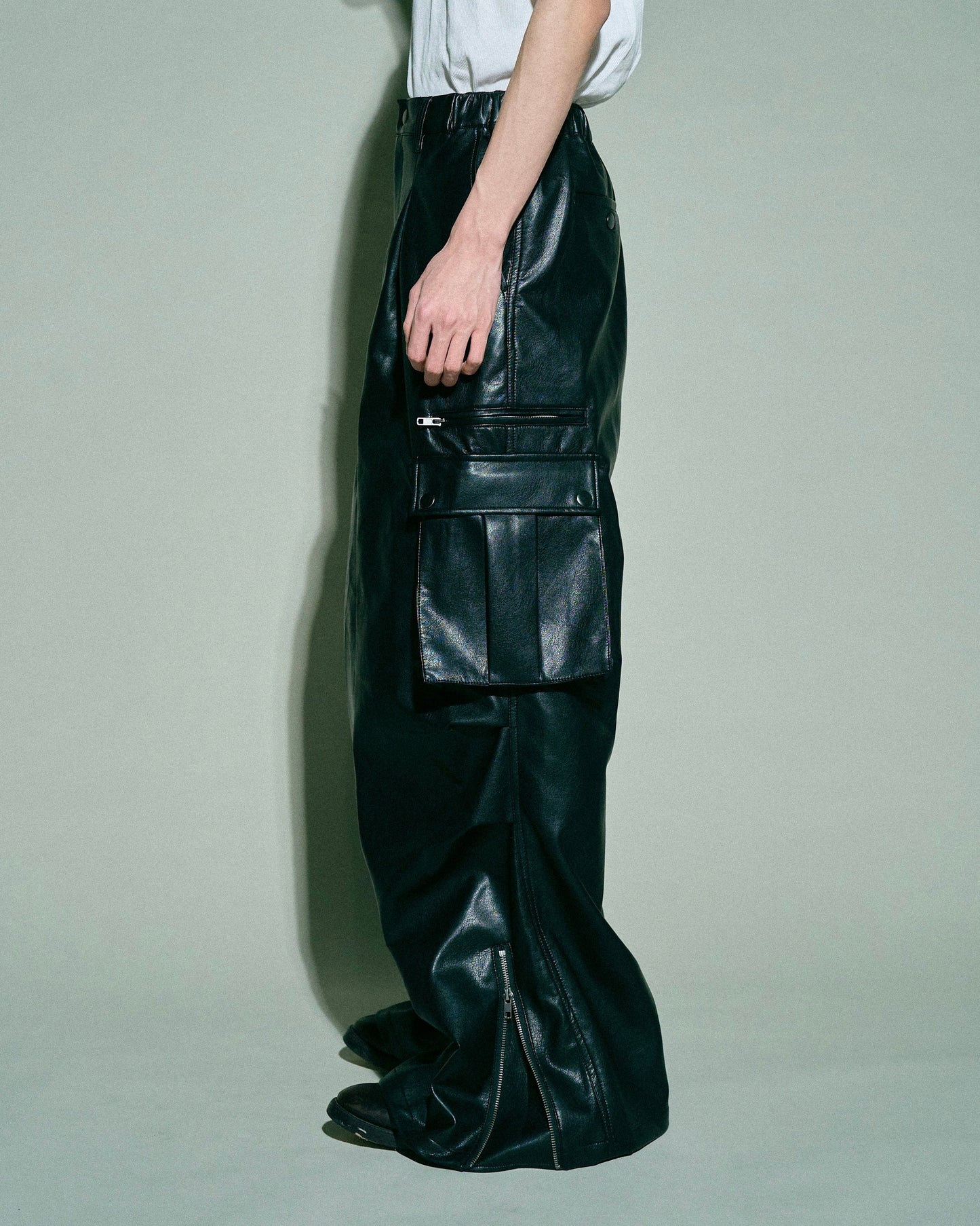 wide baggy faux leather parachute cargo trouser