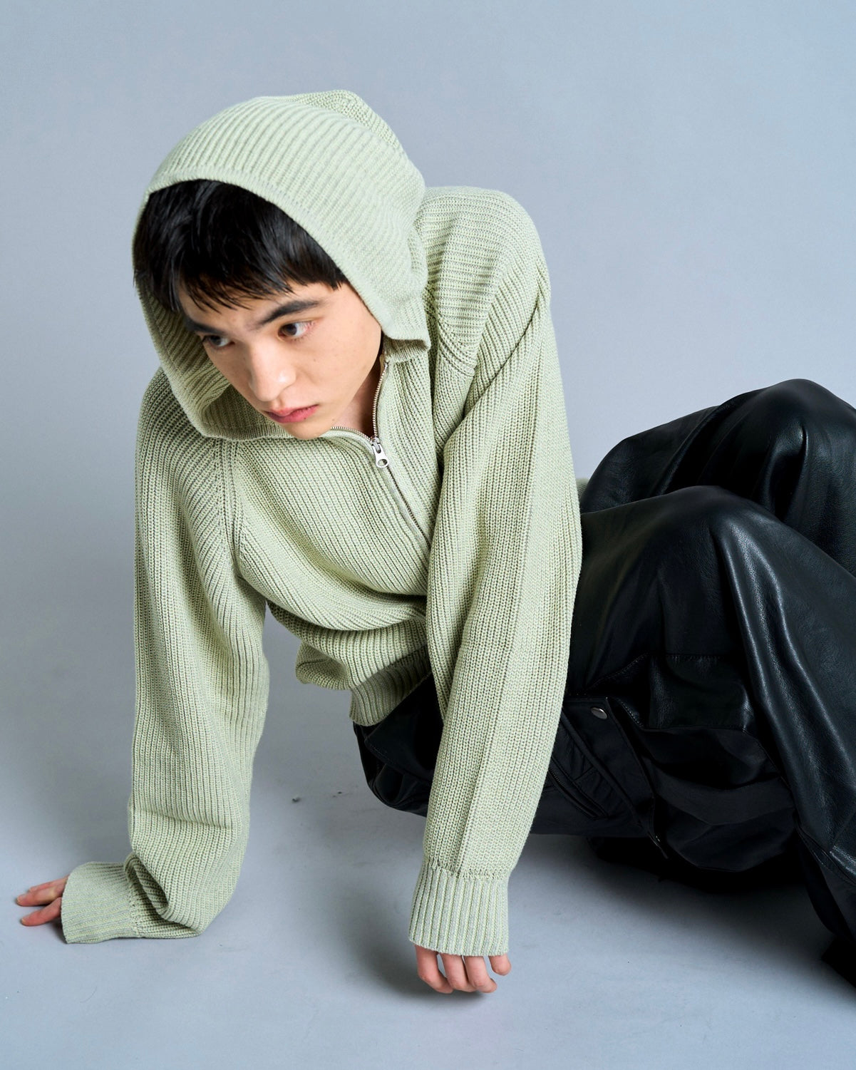 double zip mix yarn knit hoodie