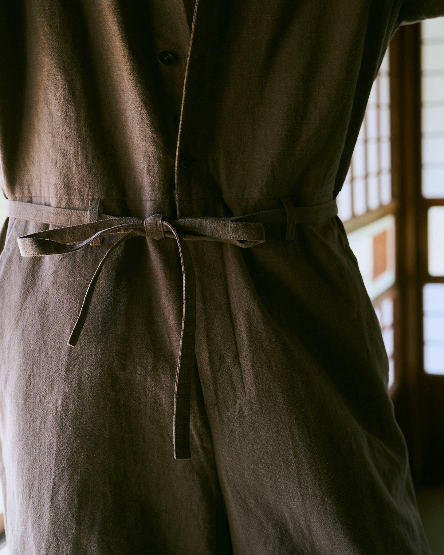 open collar cotton linen belted l/s jump suit