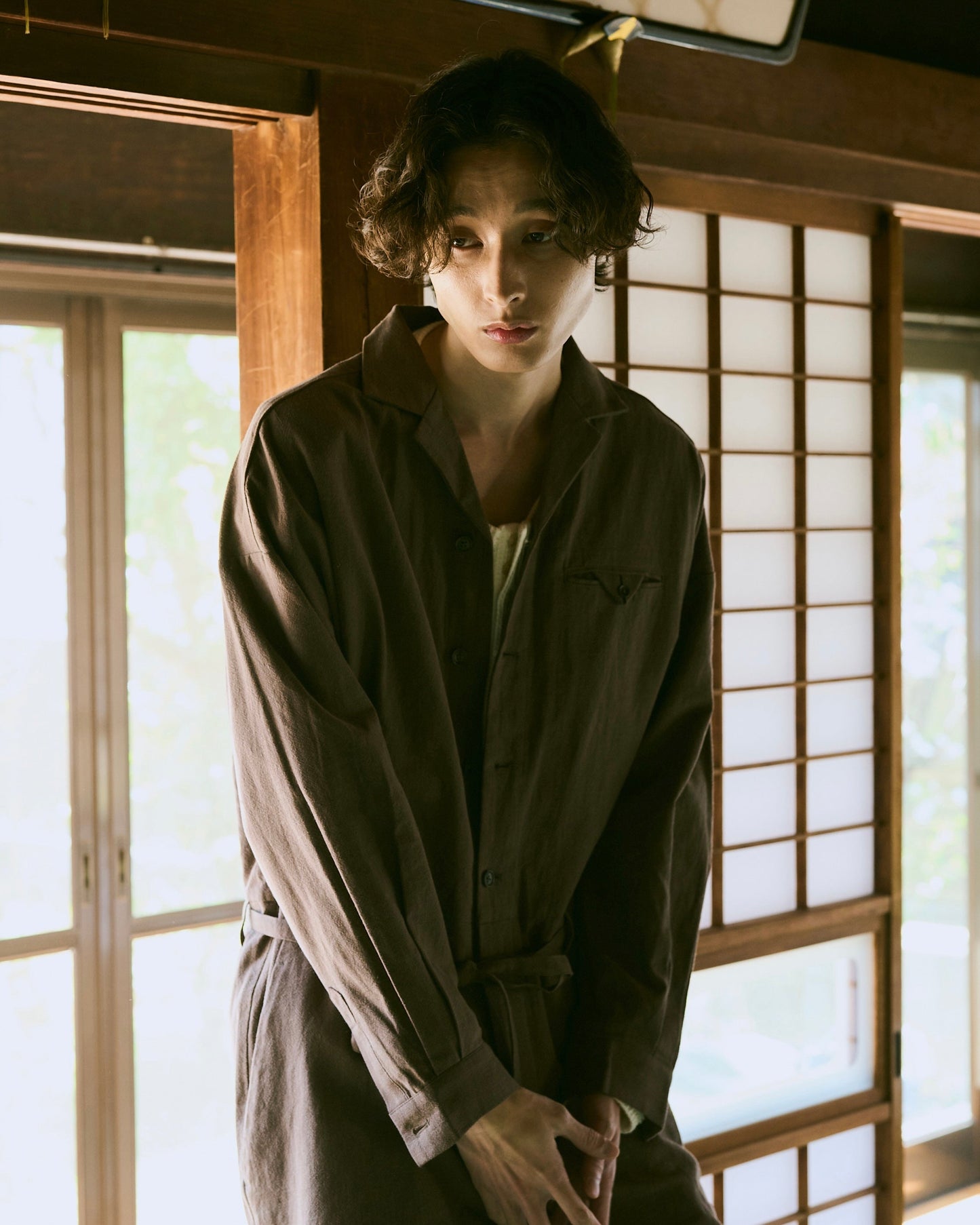 open collar cotton linen belted l/s jump suit
