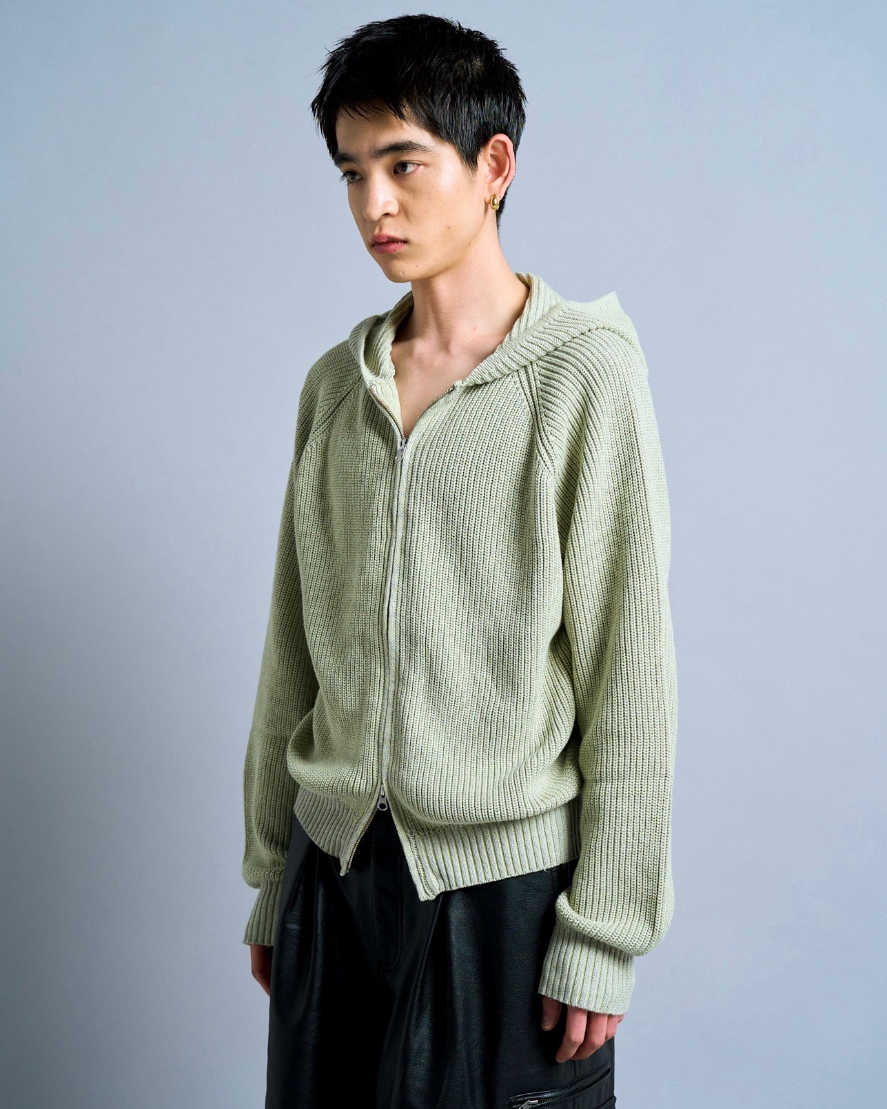 double zip mix yarn knit hoodie