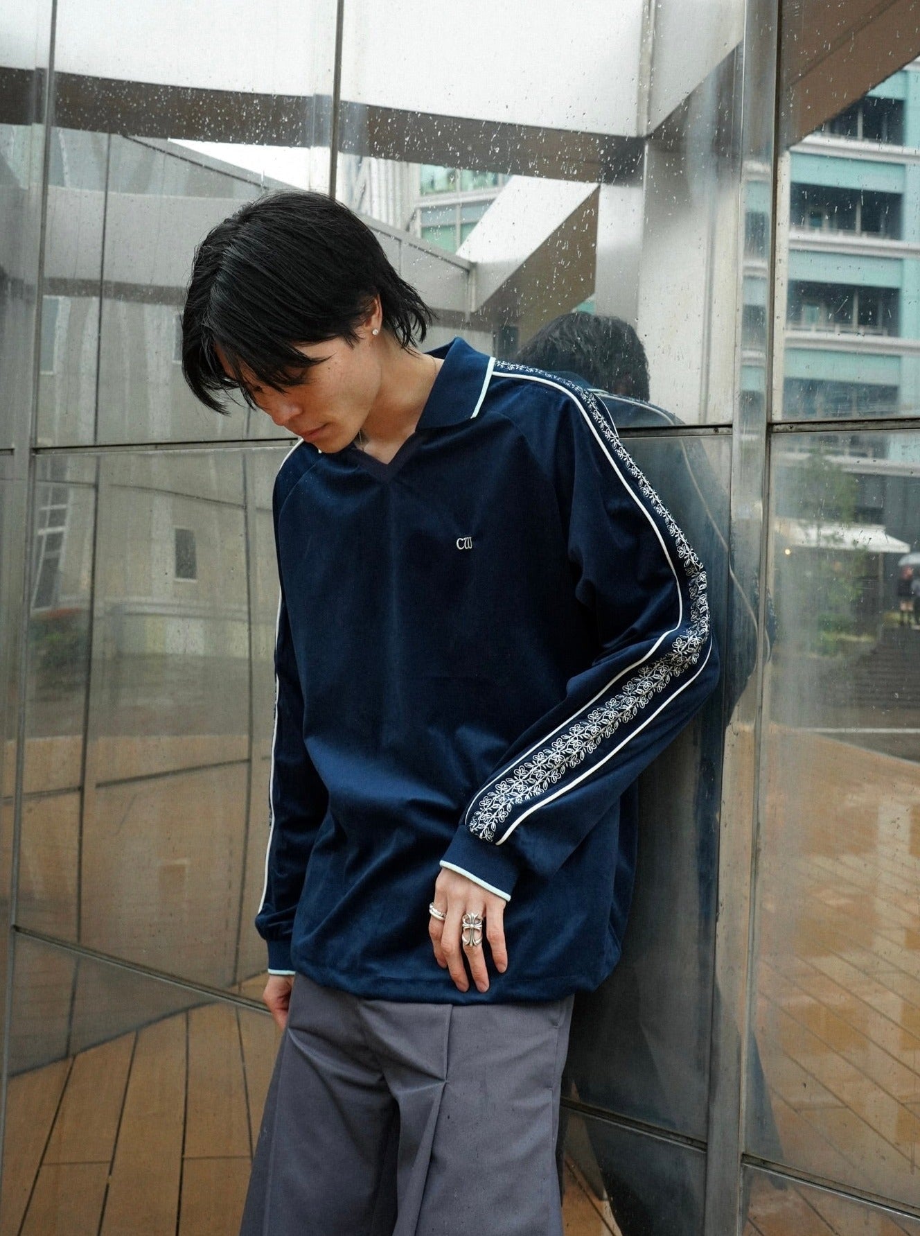 flower embroidery line velour skipper game shirt