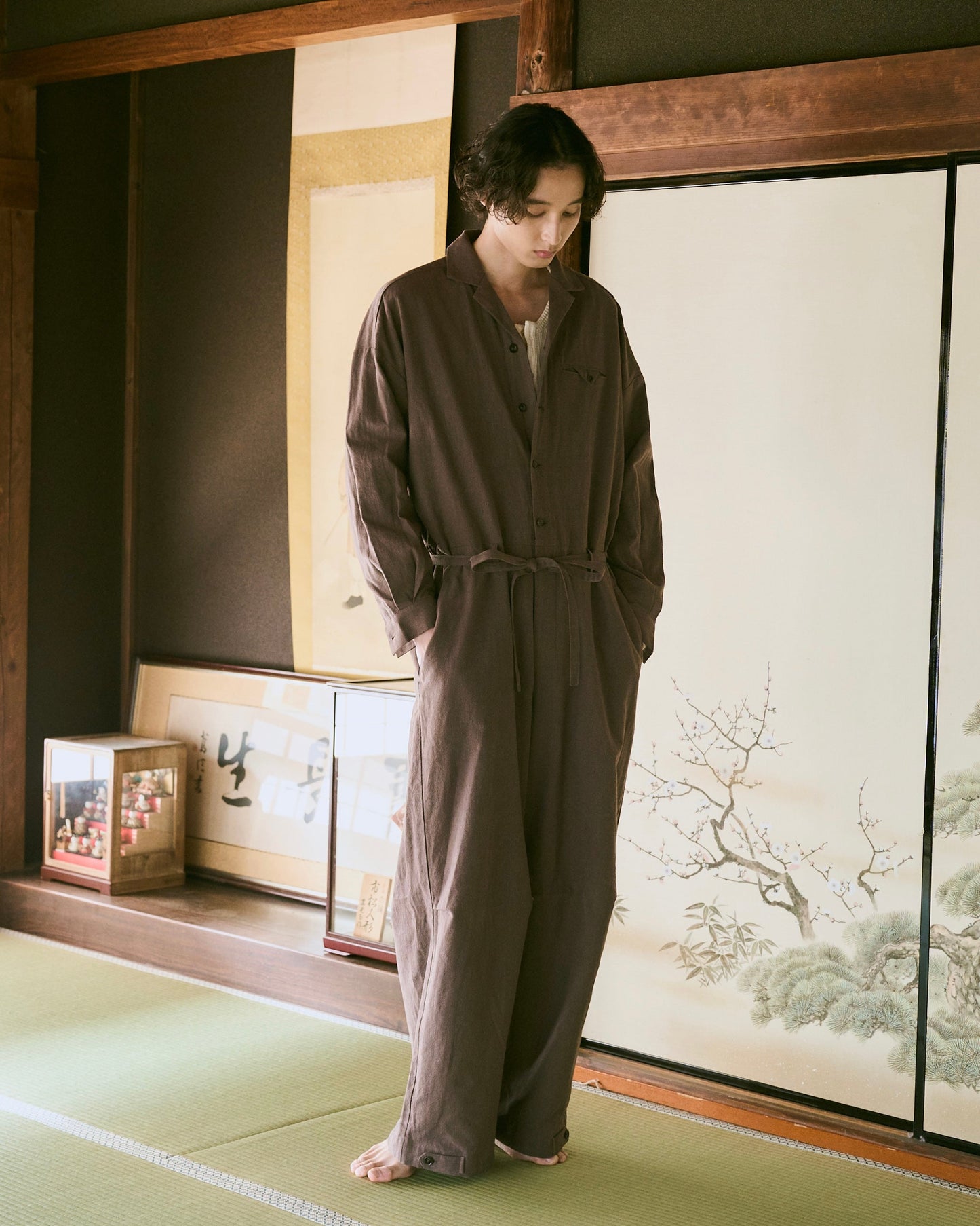 open collar cotton linen belted l/s jump suit