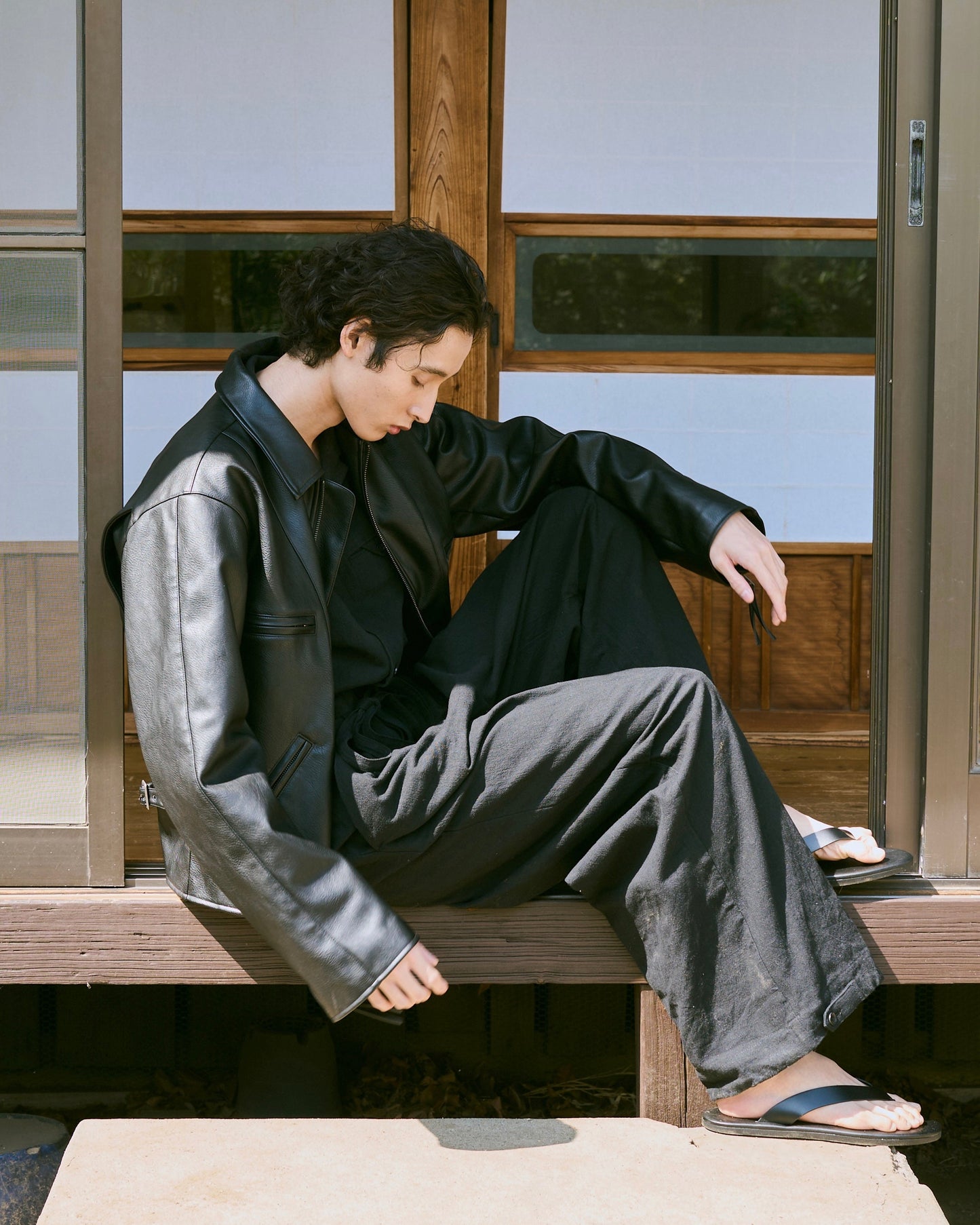 open collar cotton linen belted l/s jump suit