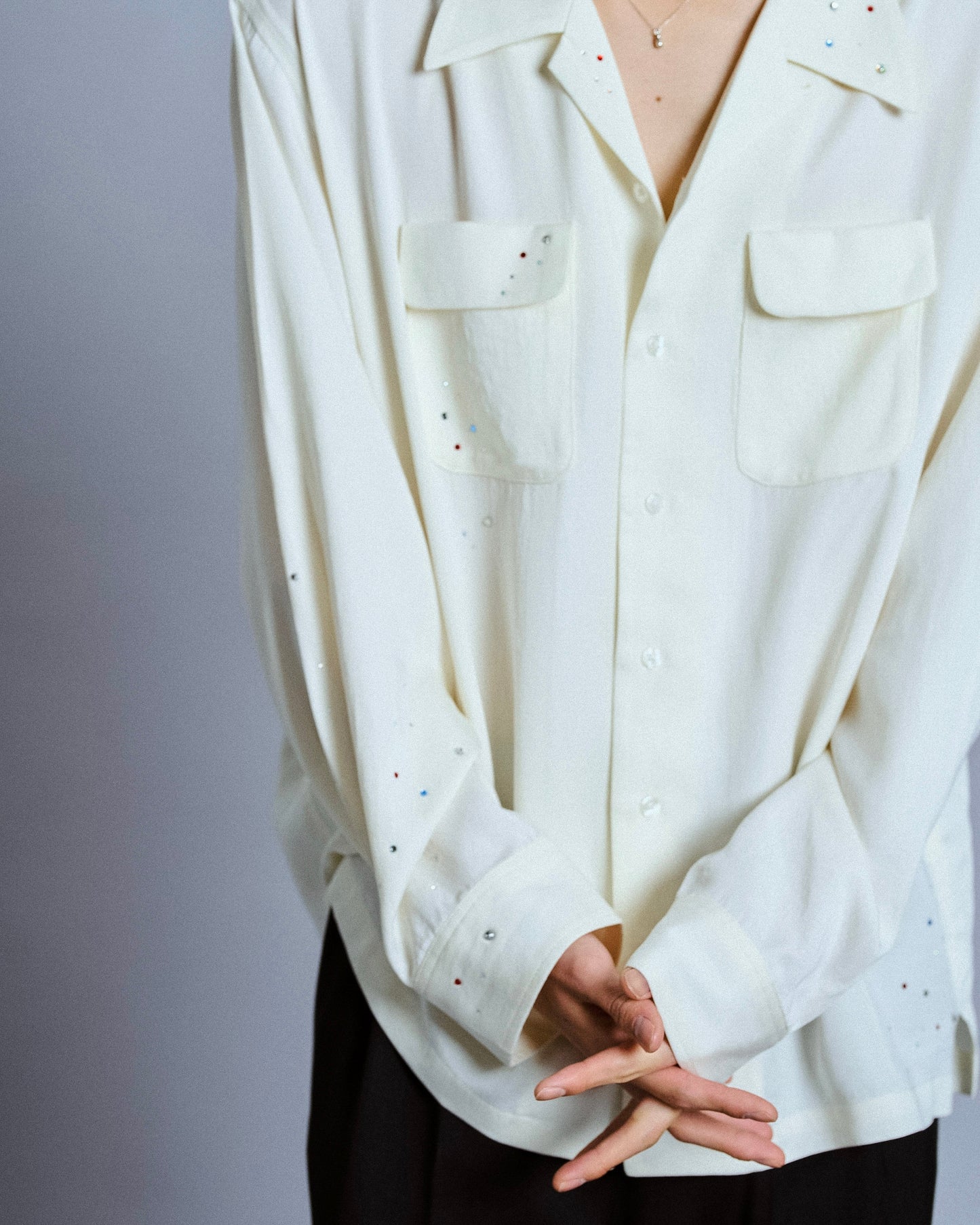 rhinestone rayon open collar l/s shirt
