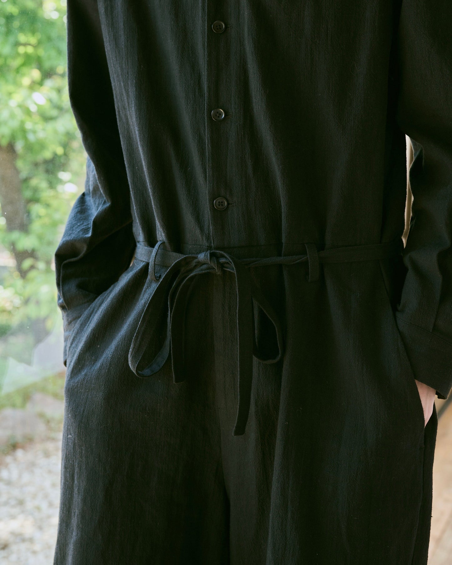 open collar cotton linen belted l/s jump suit