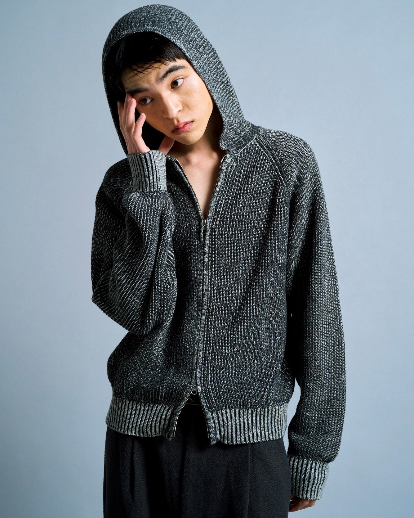 double zip mix yarn knit hoodie