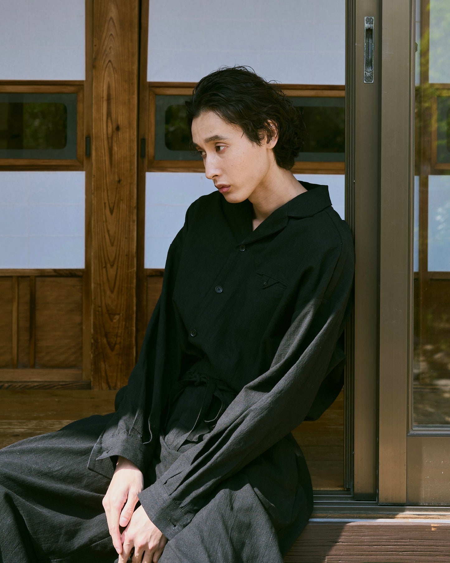 open collar cotton linen belted l/s jump suit