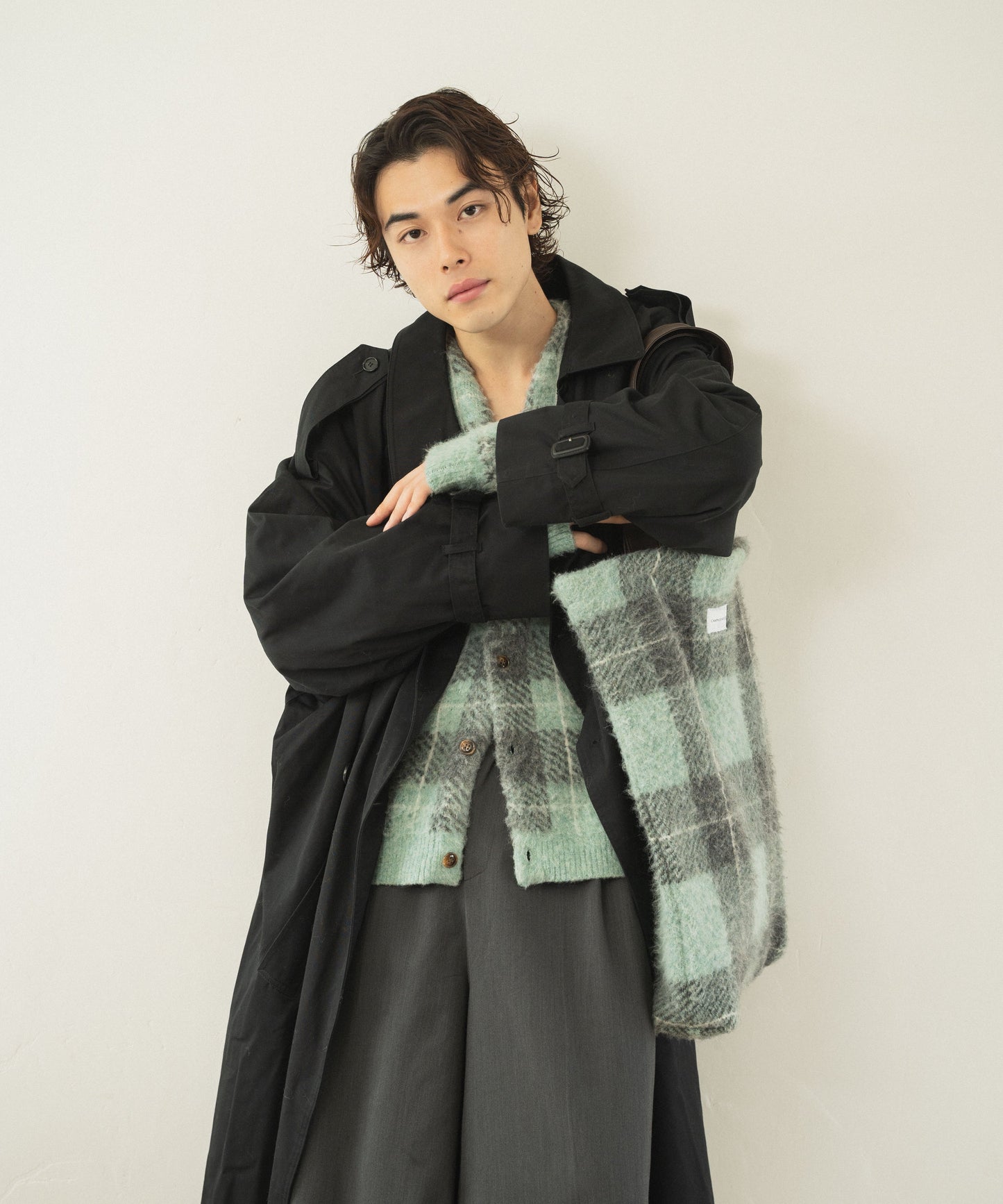 mohair mix check big tote bag