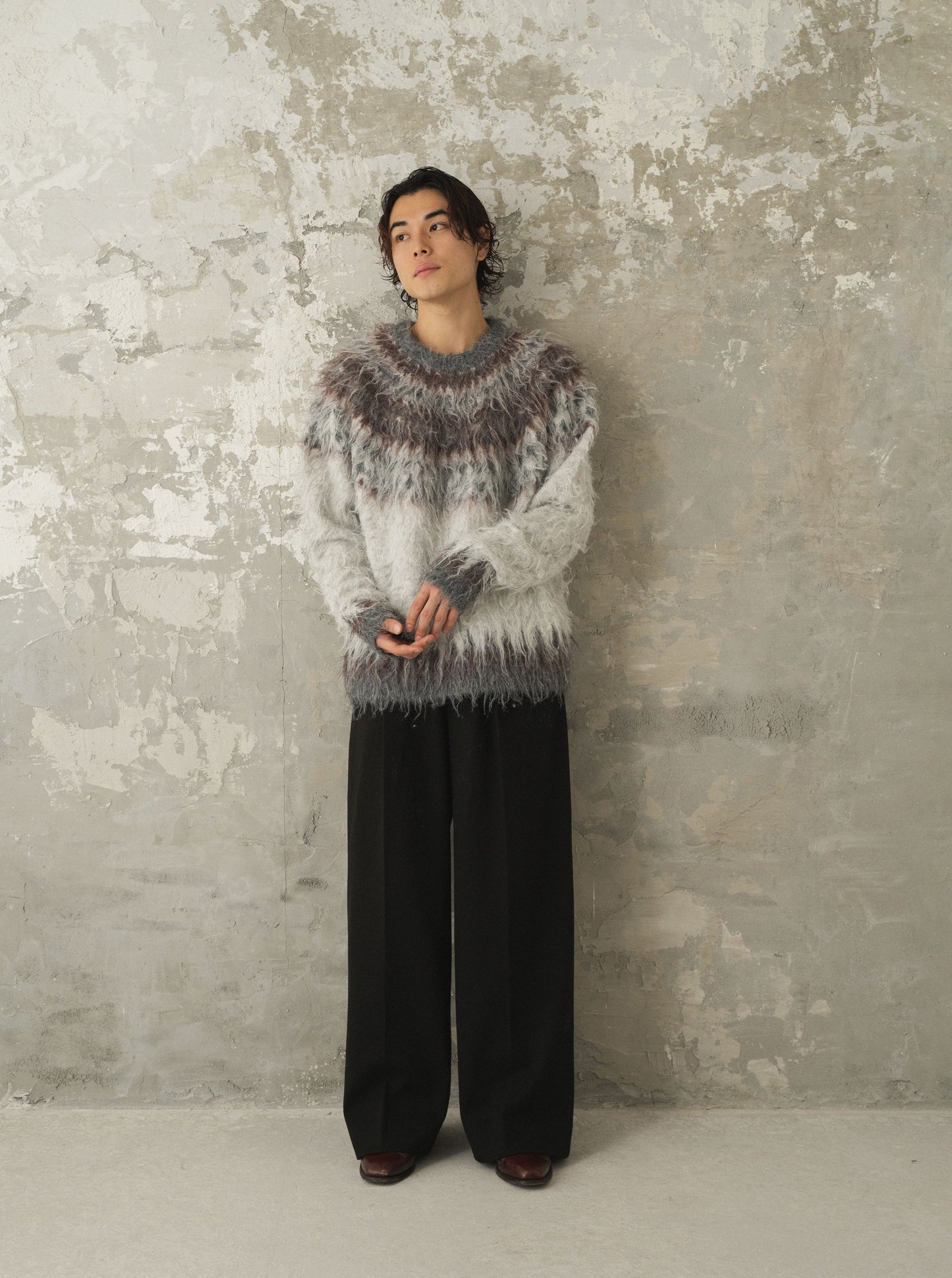 wool mix over shaggy nordic sweater