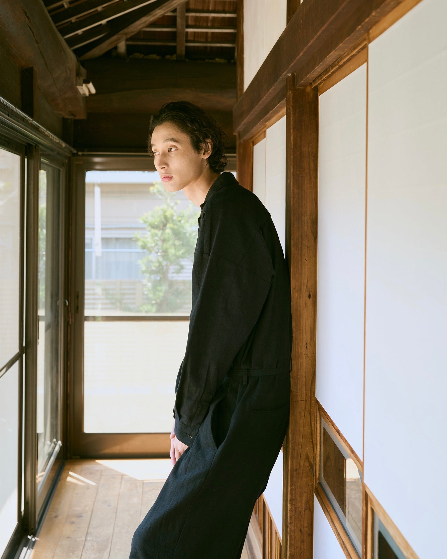 open collar cotton linen belted l/s jump suit