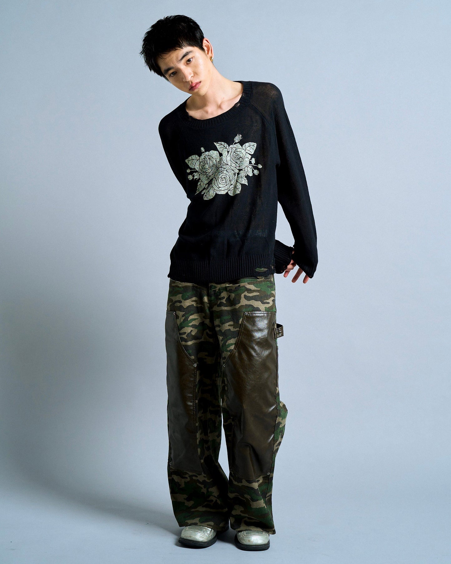 flower paint broken long sleeve sheer sweater