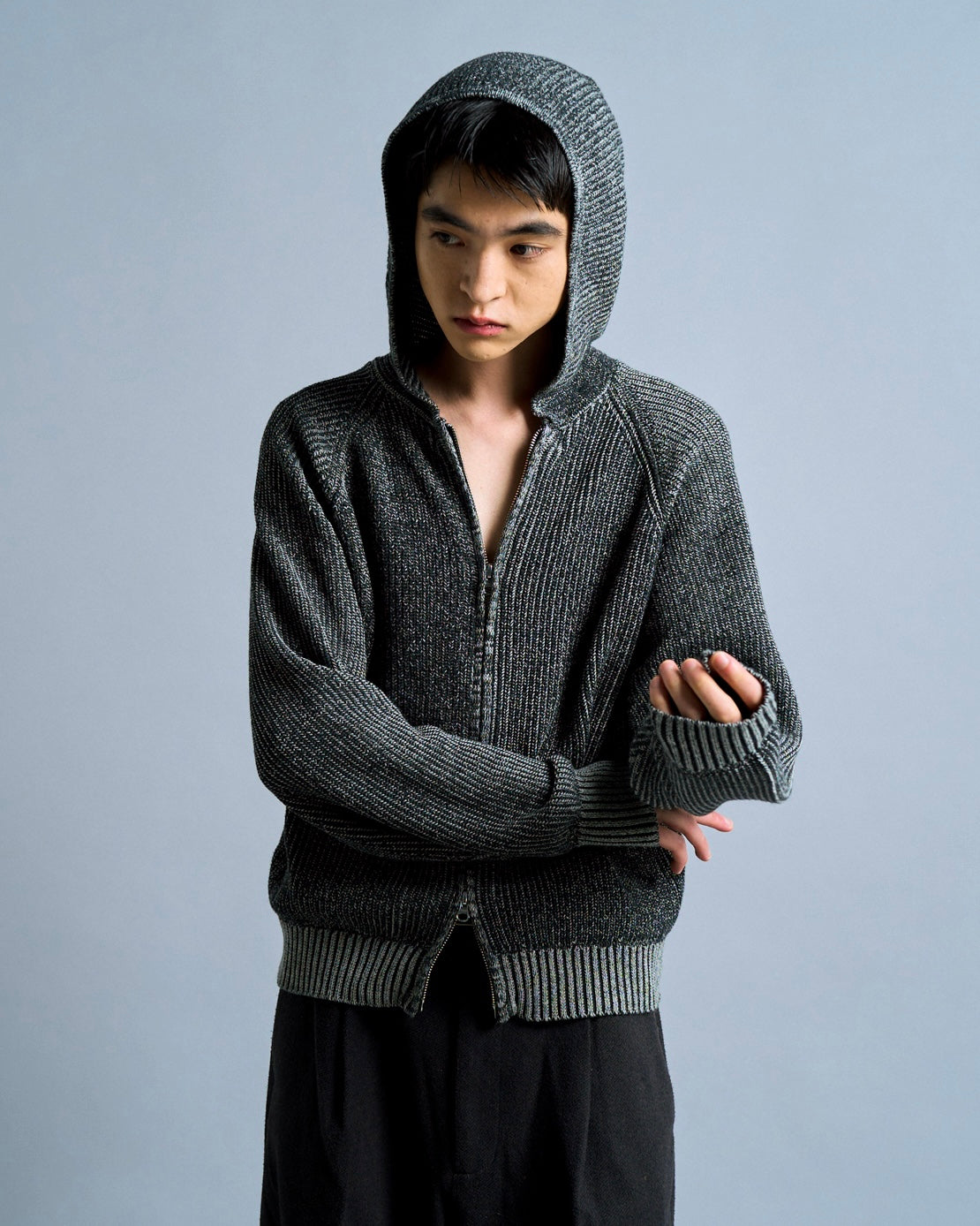 double zip mix yarn knit hoodie
