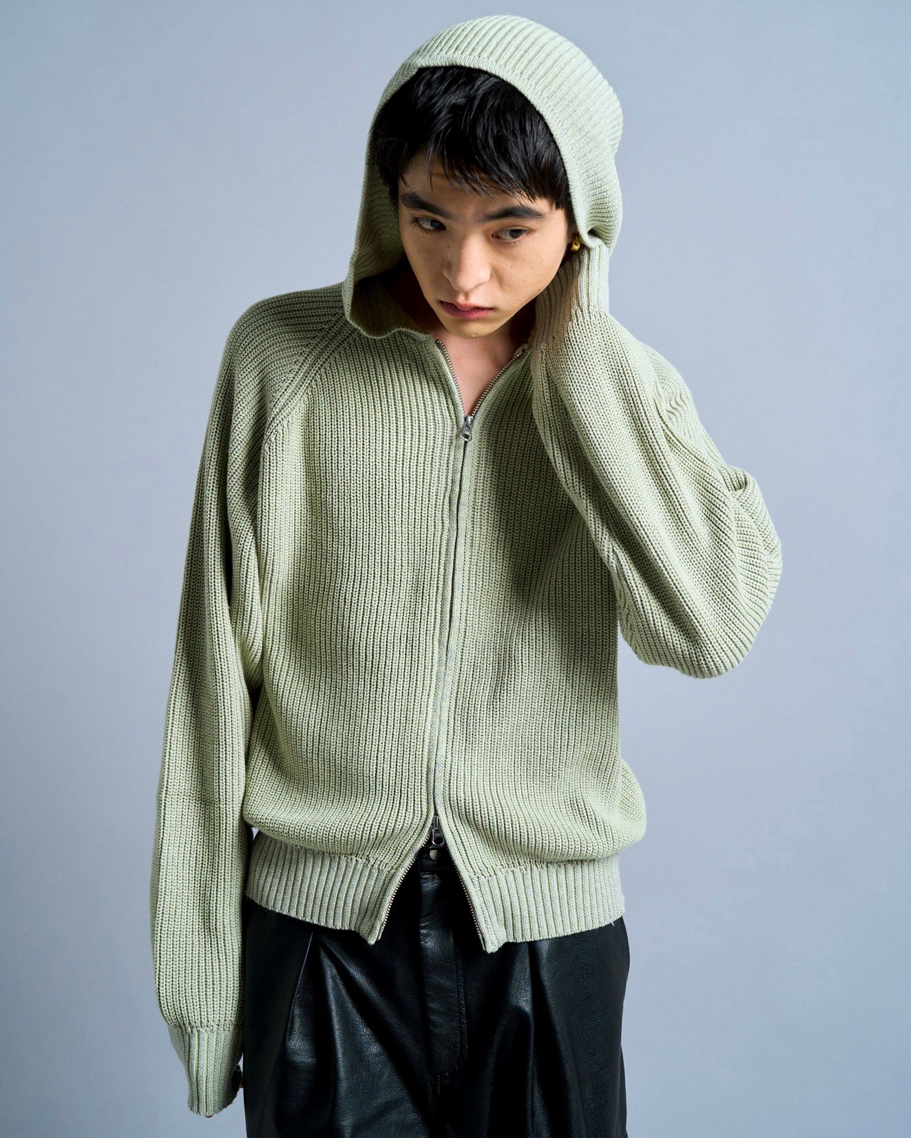 double zip mix yarn knit hoodie