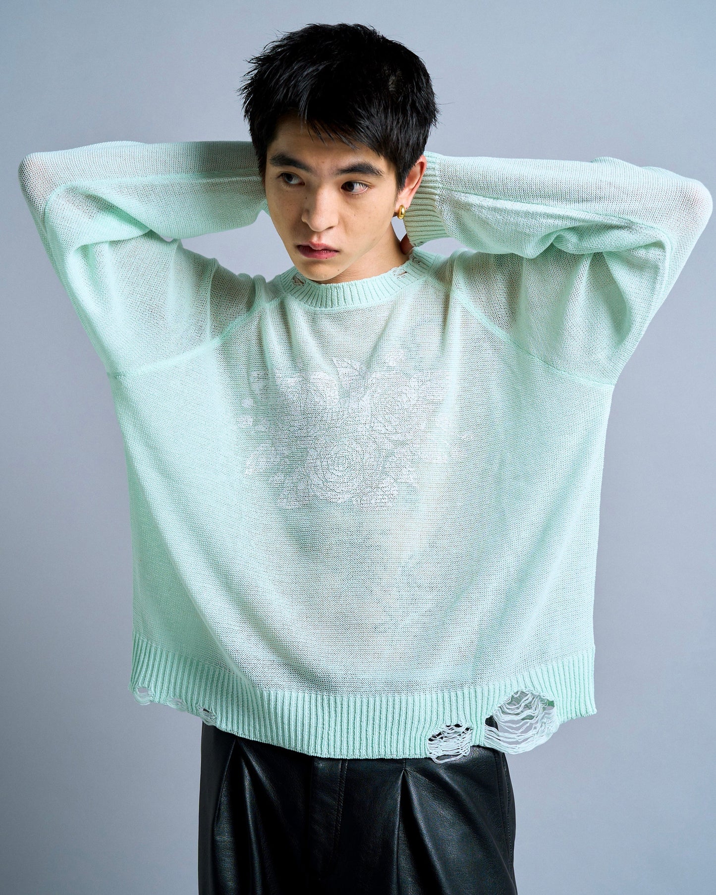 flower paint broken long sleeve sheer sweater