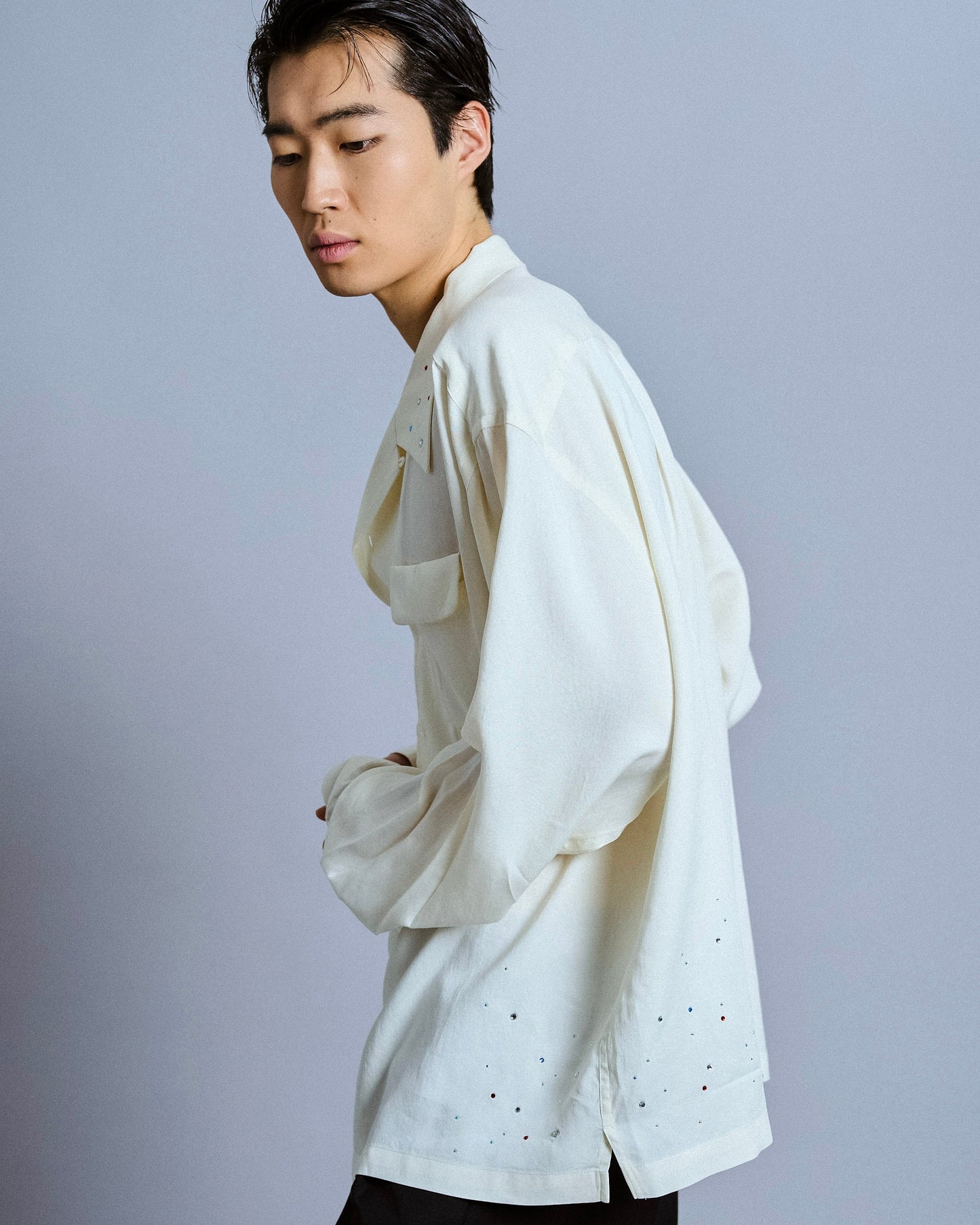rhinestone rayon open collar l/s shirt
