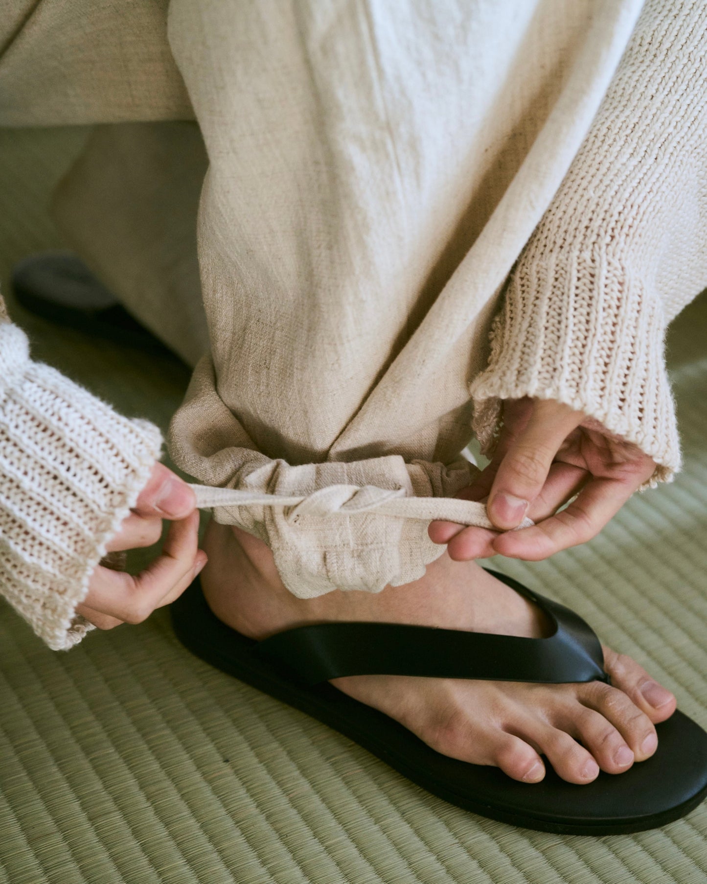 open collar cotton linen belted l/s jump suit