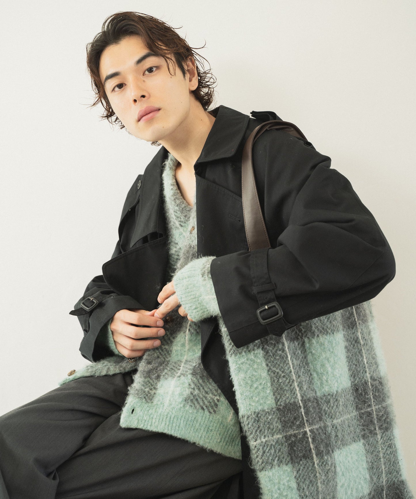 mohair mix check big tote bag