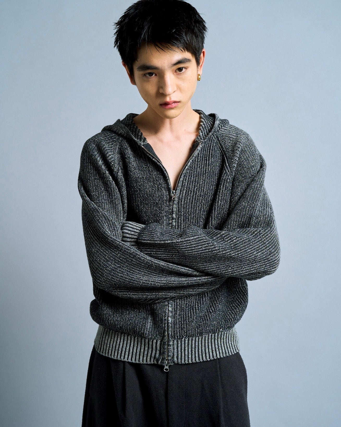 double zip mix yarn knit hoodie