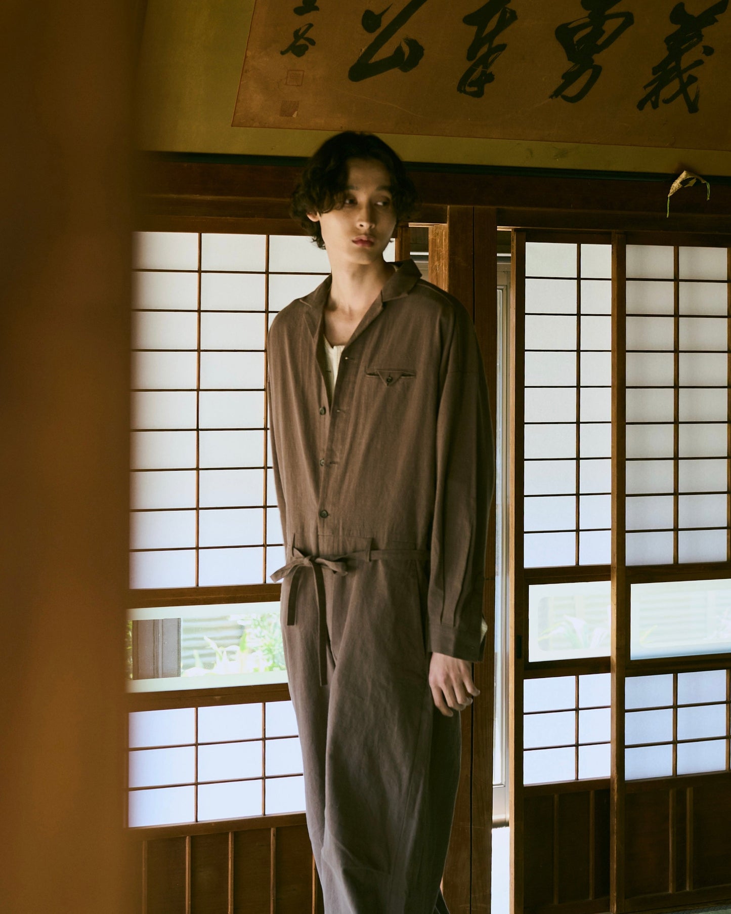 open collar cotton linen belted l/s jump suit