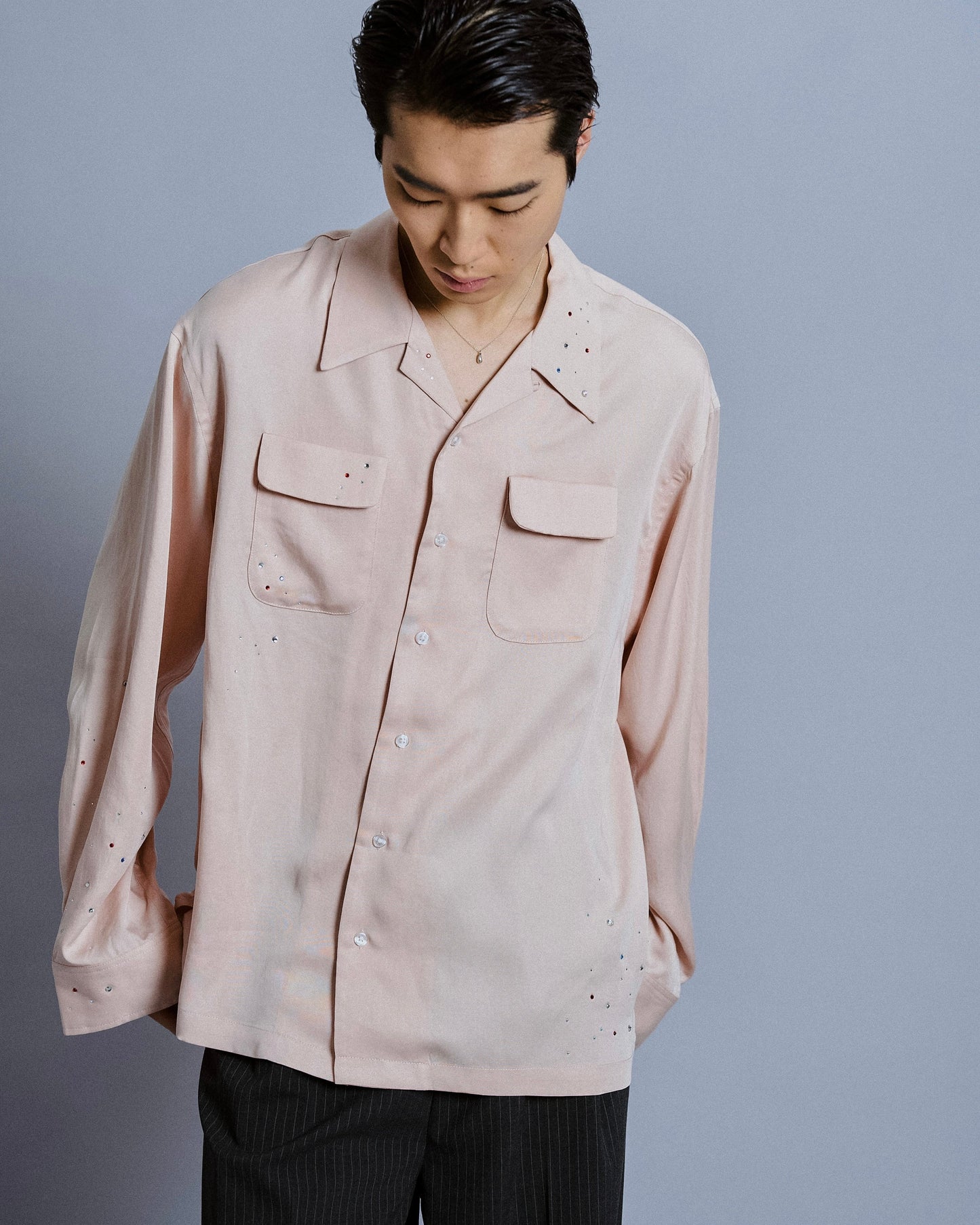 rhinestone rayon open collar l/s shirt