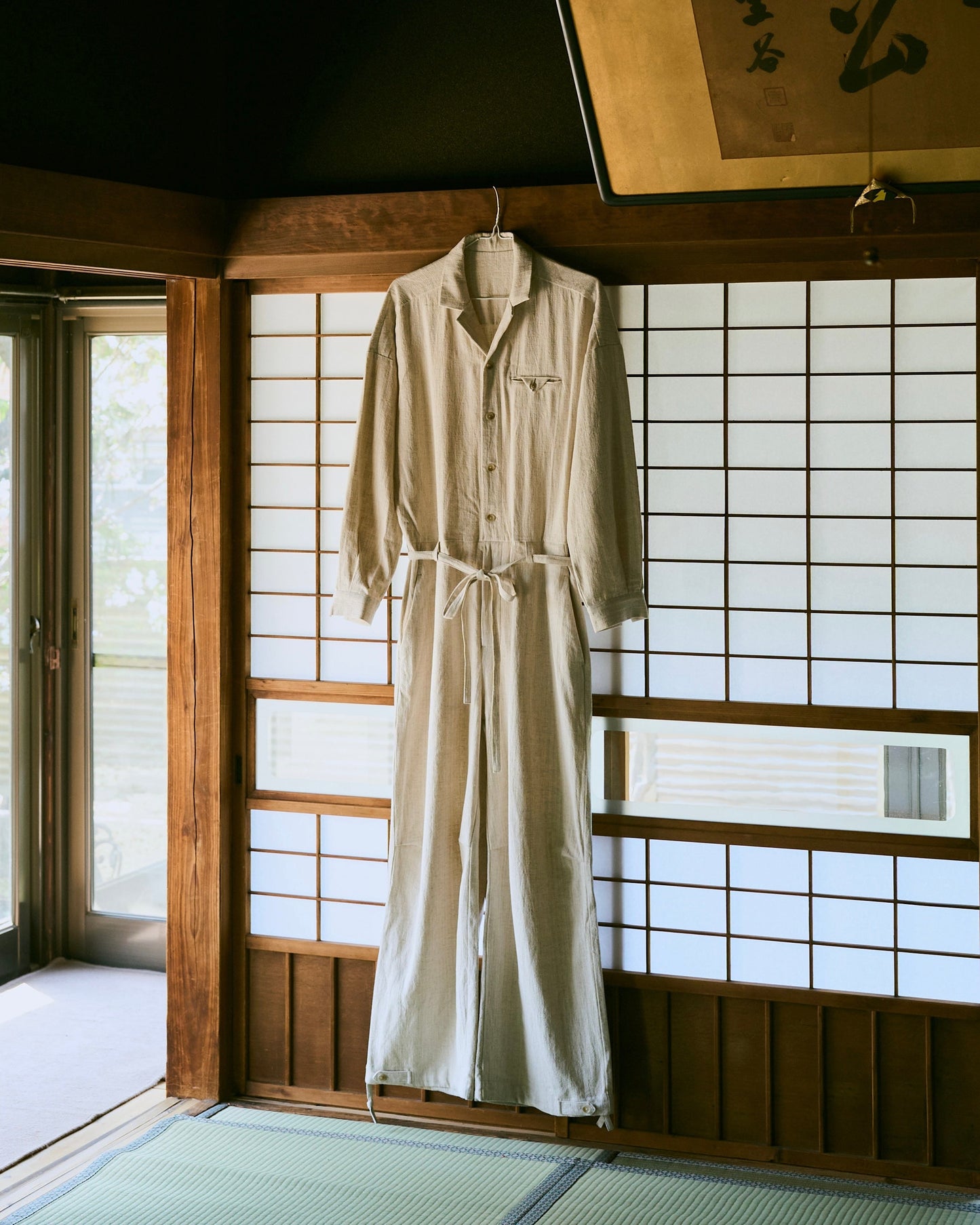 open collar cotton linen belted l/s jump suit