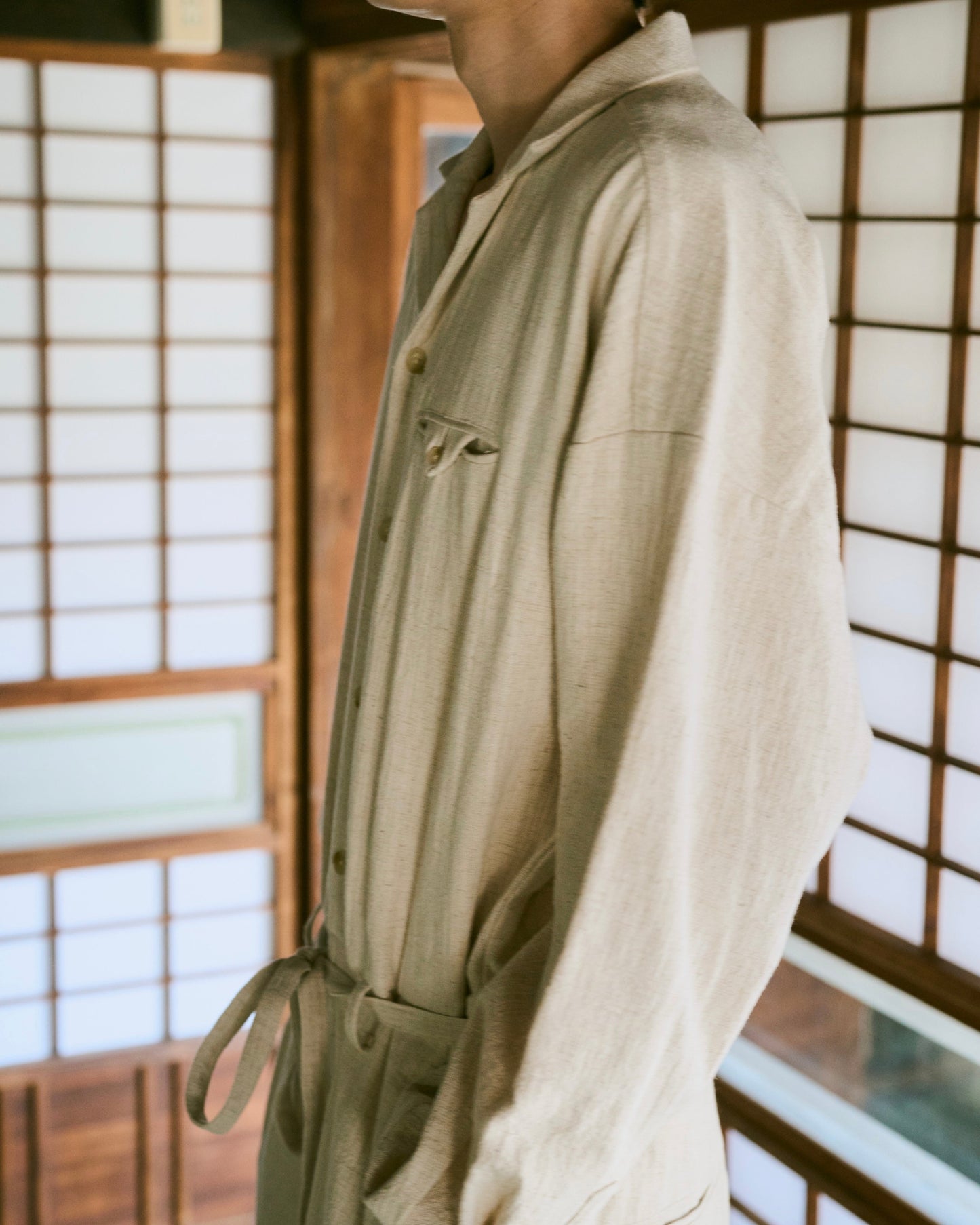 open collar cotton linen belted l/s jump suit