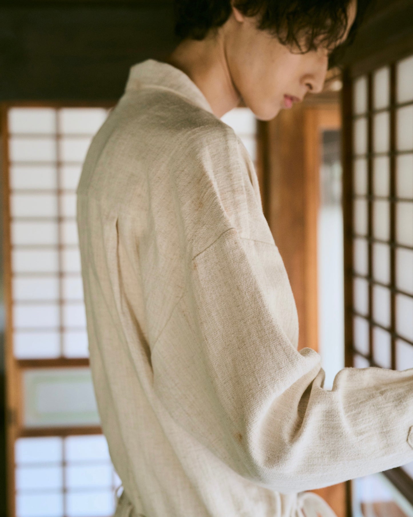 open collar cotton linen belted l/s jump suit
