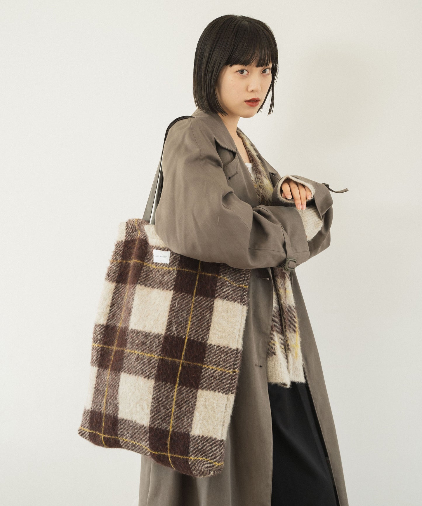mohair mix check big tote bag