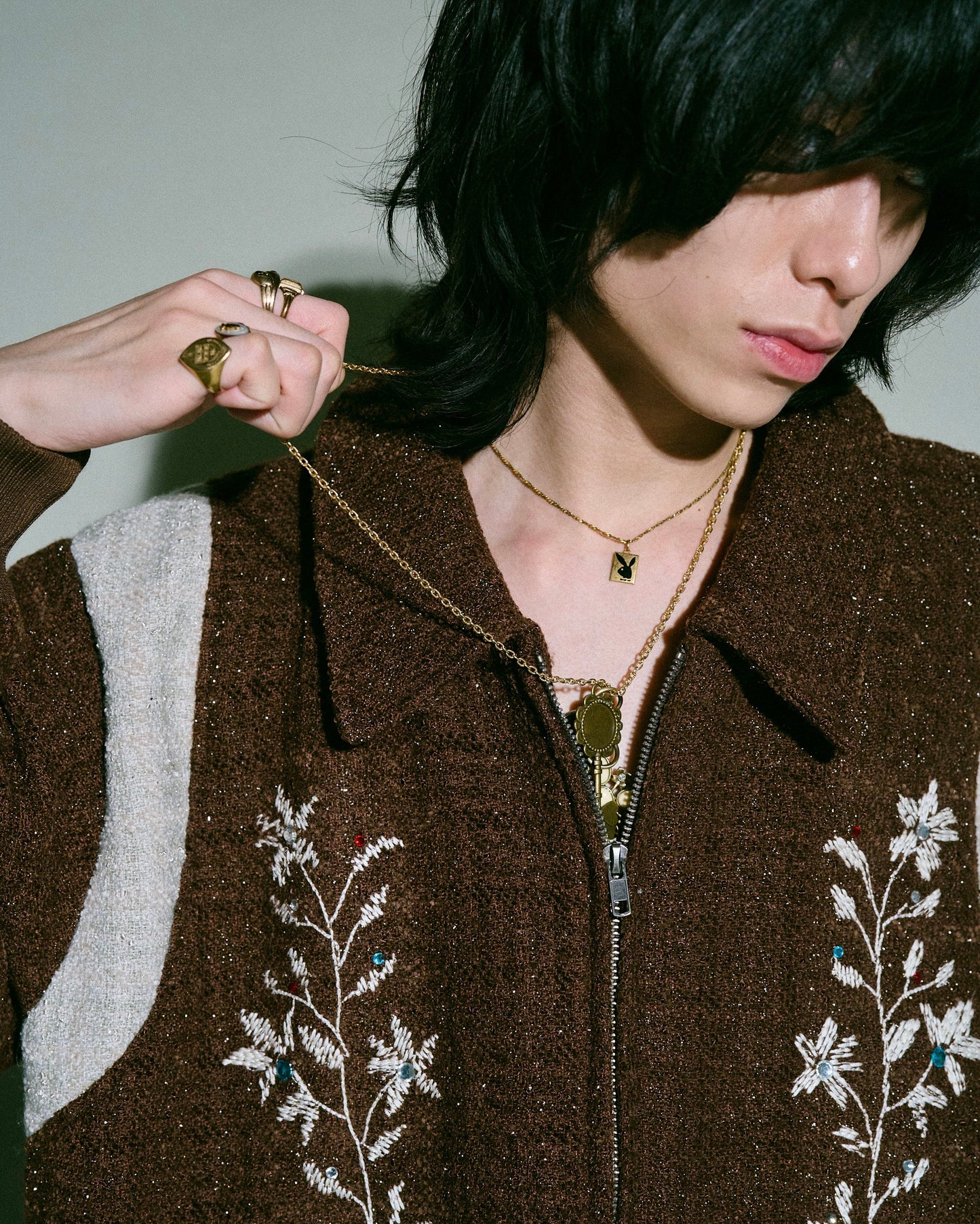flower embroidery lame tweed varsity jacket